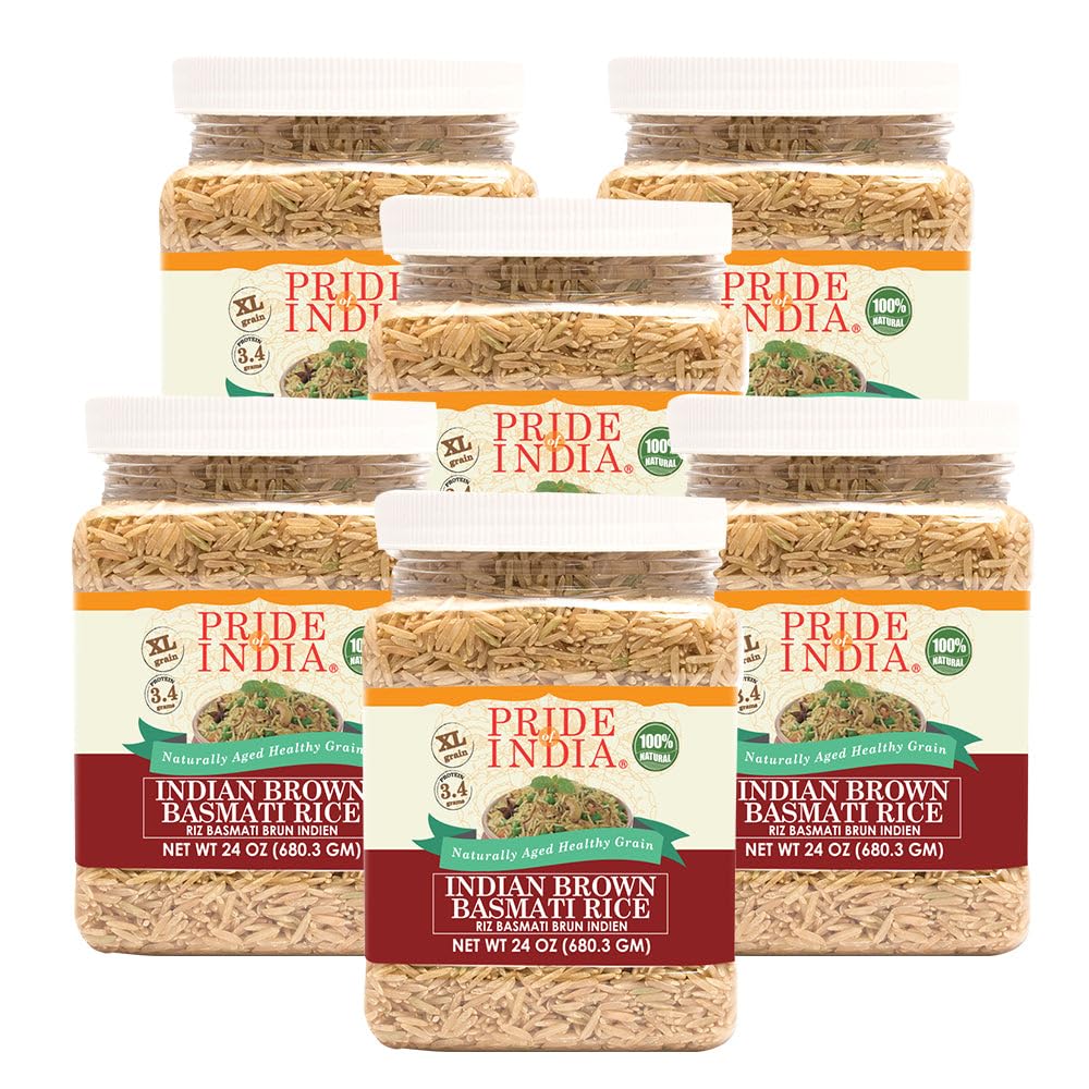Pride Of India Extra Long Brown Basmati Rice, Naturally Aged, 1.5 lb Jar, Pack of 6