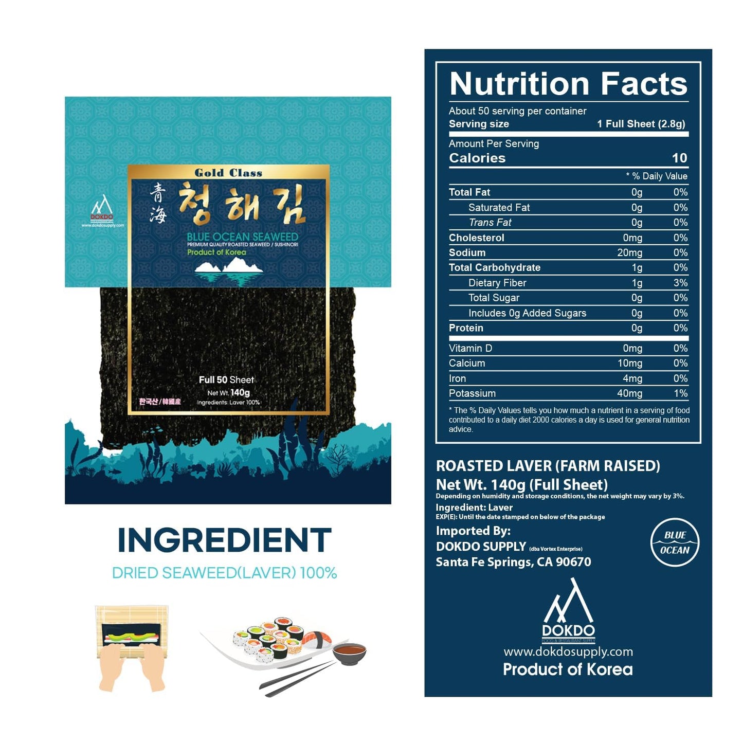 DOKDO SUPPLY Organic Sushi Nori Sea , 50 Sheets, 140g - Yaki Roasted Laver, 100% Natural, Premium Quality for Rolls & Wraps