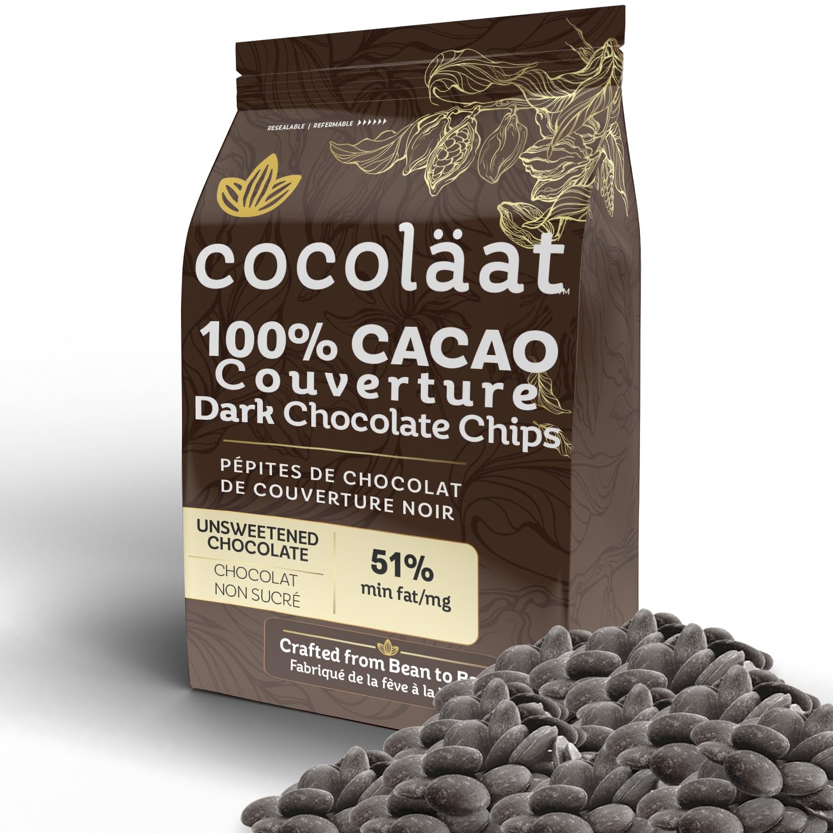 Cocoläat 100% Dark Chocolate Chips, Unsweetened, 2 lb, Culinary Grade, Dark Brown
