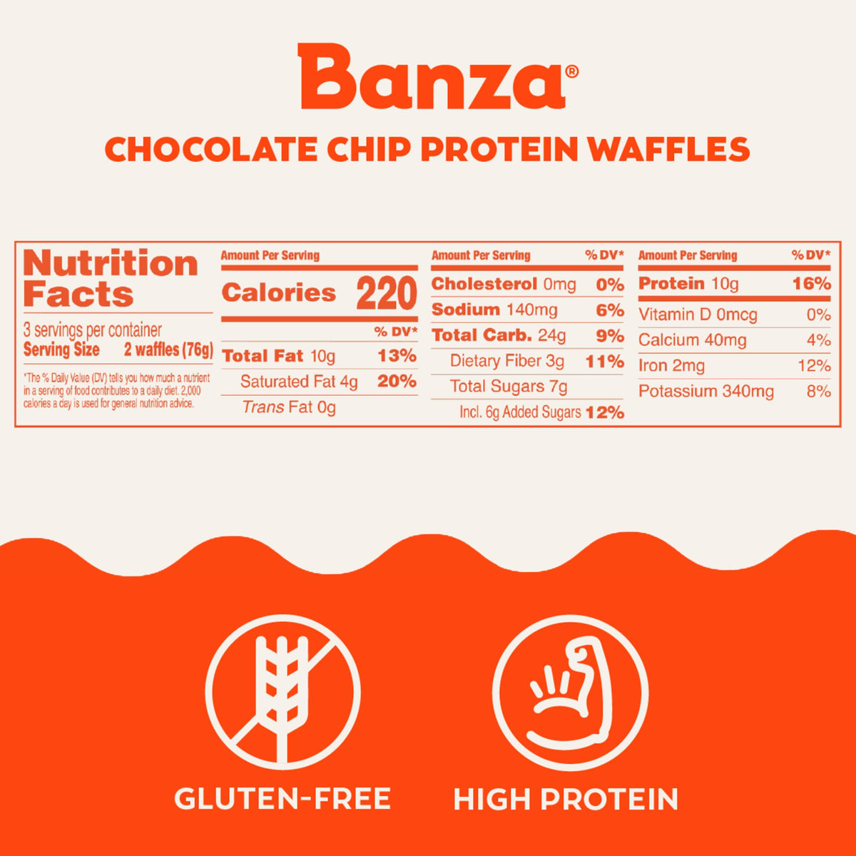 Banza Chocolate Chip Waffles, Frozen Waffles from Chickpeas - High Protein, Gluten Free, Lower Carb Toaster Waffles, 8oz