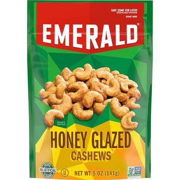 Emerald Nuts, Honey Glazed Cashews, 5 Oz, Resealable Bag (Pack Of 4)