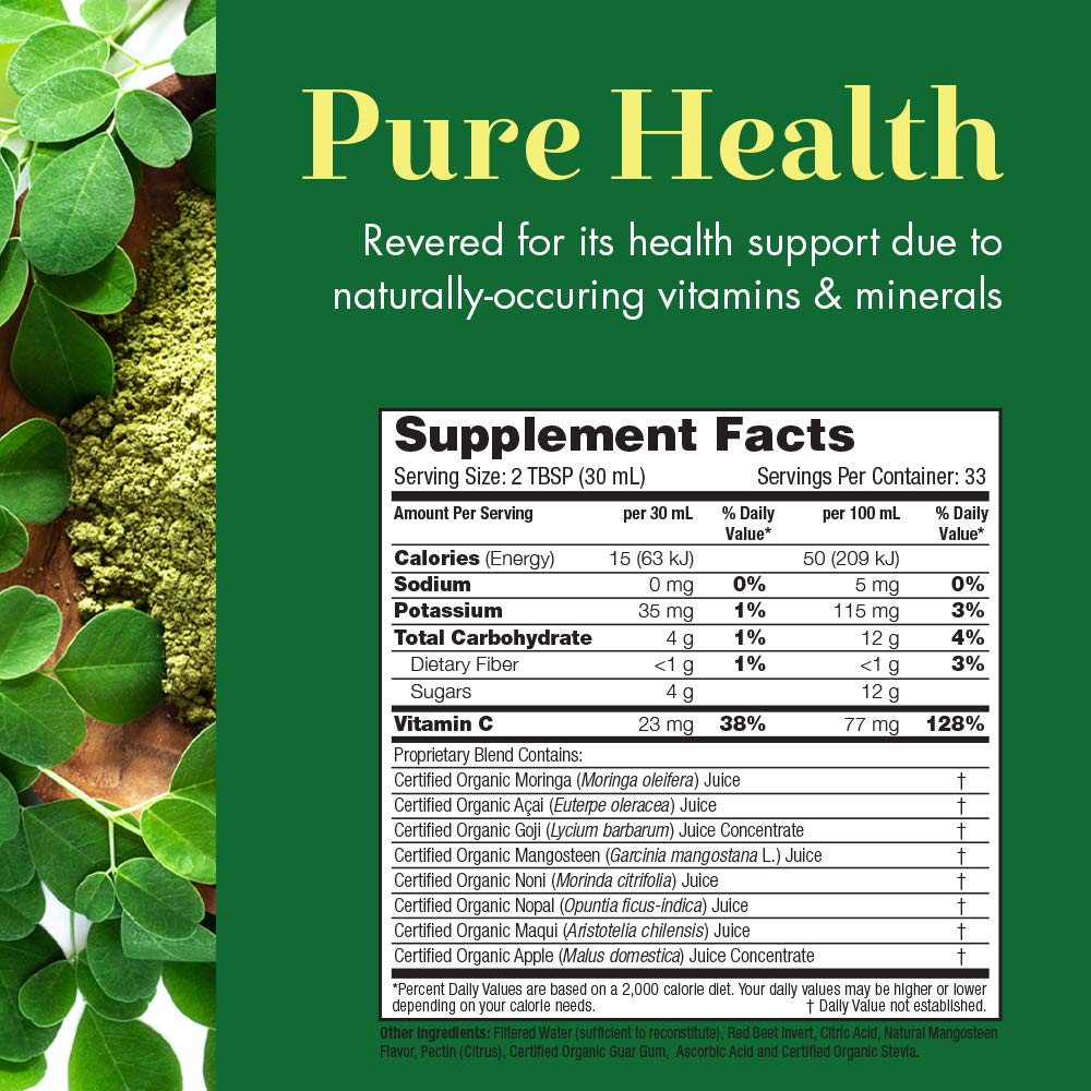 Dynamic Health Moringa Juice Certified Organic, Superfruits Acai, Goji, Mangosteen And Morei, Vegetarian, Gluten-Free, 33.8Oz