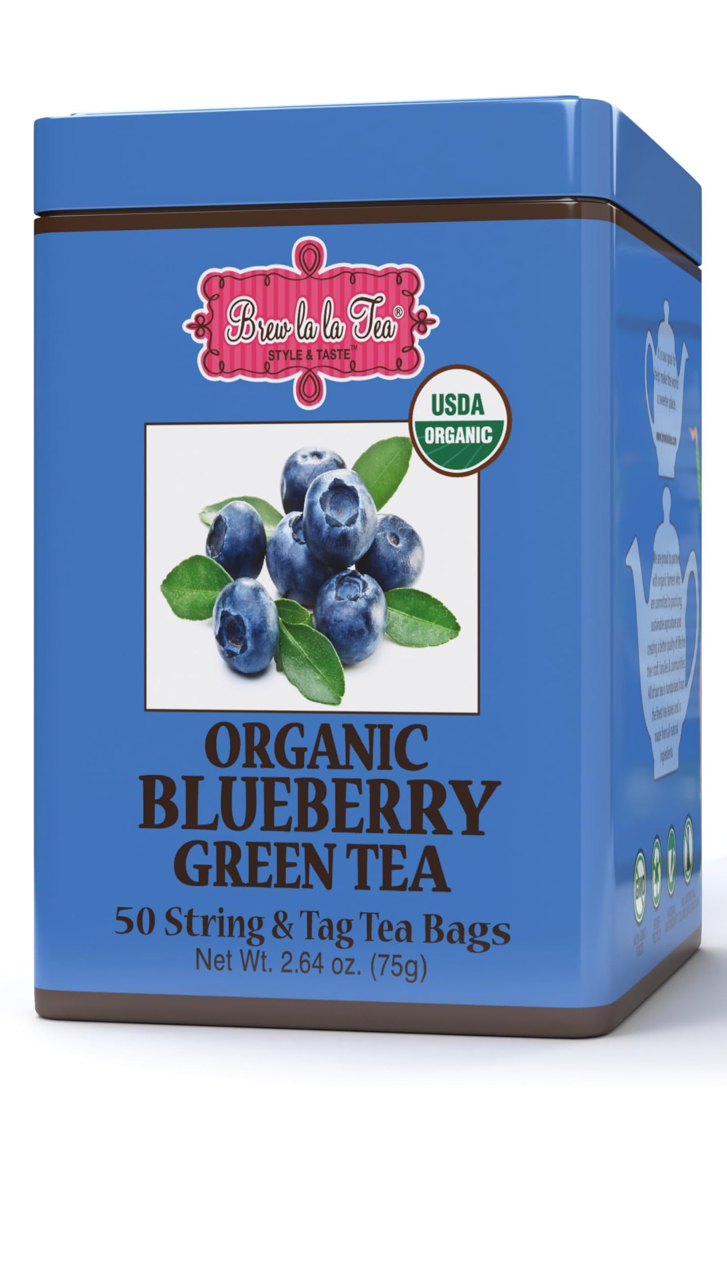 Brew La La Organic Green Tea - Natural Blueberry Flavor - 50 Double Chambered Bags - Low Caffeine - Blueberry Green