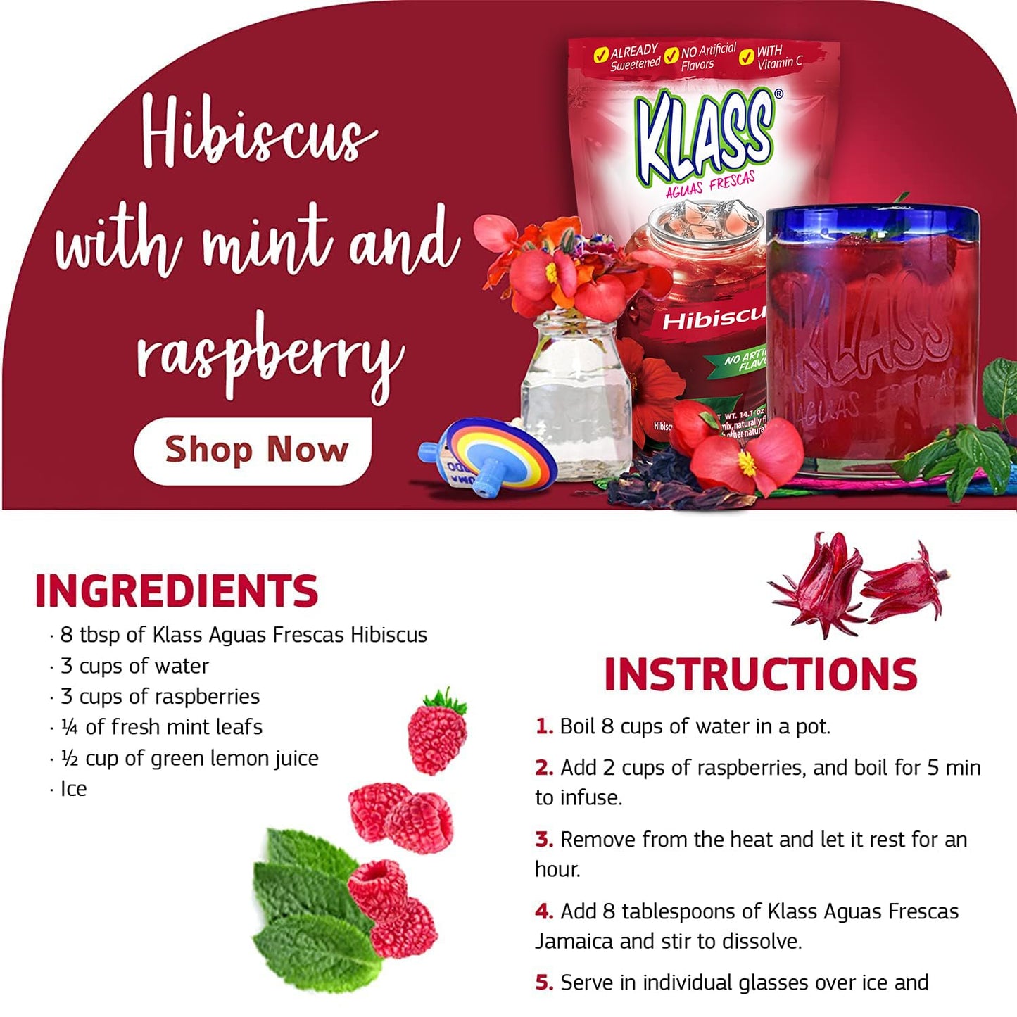 Drink Mix Hibiscus | Klass Aguas Frescas | Flavors From Natural Sources, No Artificial Flavors, With Vitamin C (Makes 7 to 9 Qua