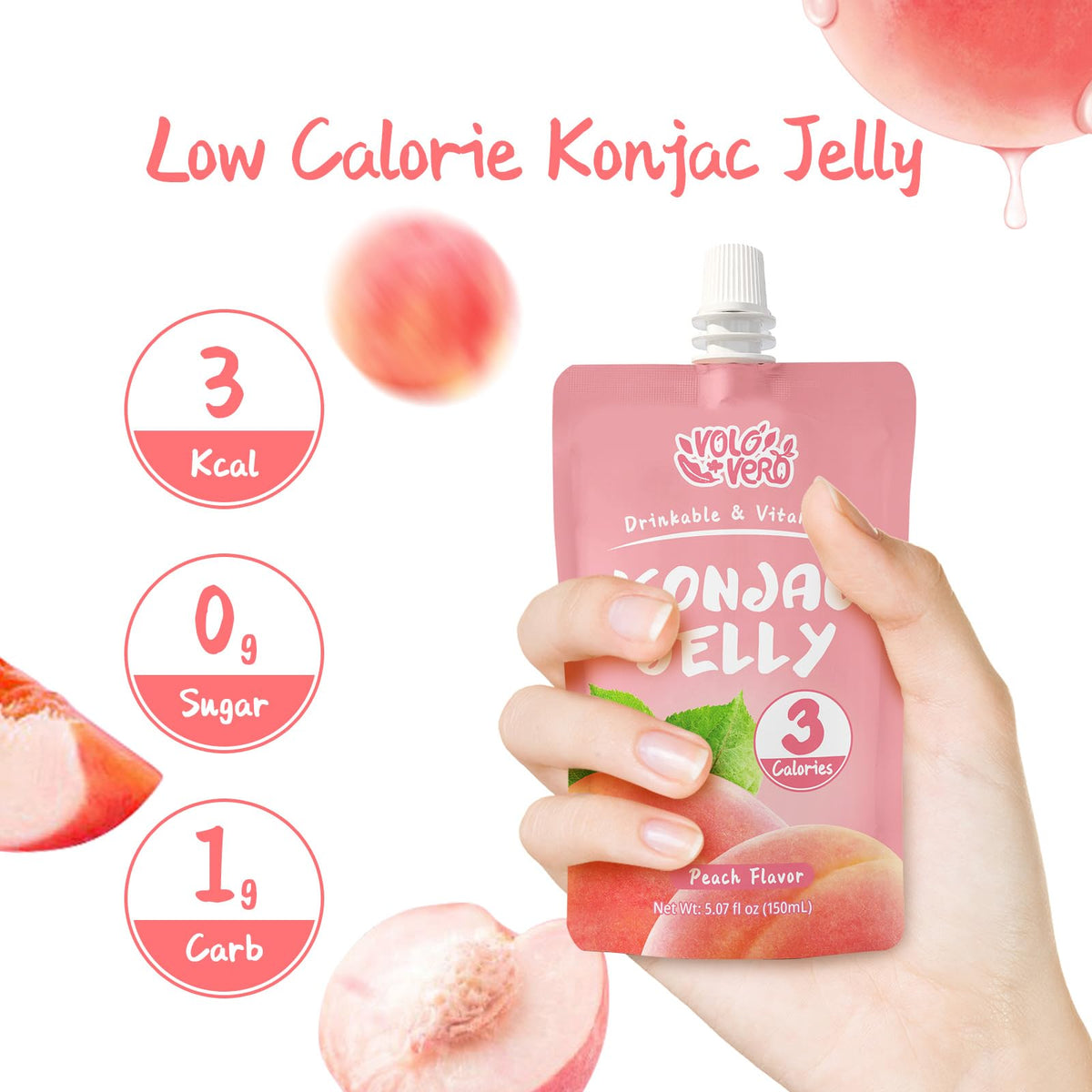 VOLO VERO Konjac Jelly Squeeze Pouch Peach Flavor, Low Calories (3 Kcal), 10 Packs, Gluten Free & Vegan, 0 Sugar, Keto, Low Carb
