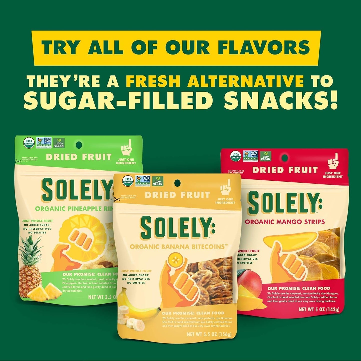 SOLELY - Organic Dried Mango Strips (5 oz Resealable Bags, Pack of 4) - Real Fresh Fruit - 1 Ingredient - Healthy Snacks for Adu