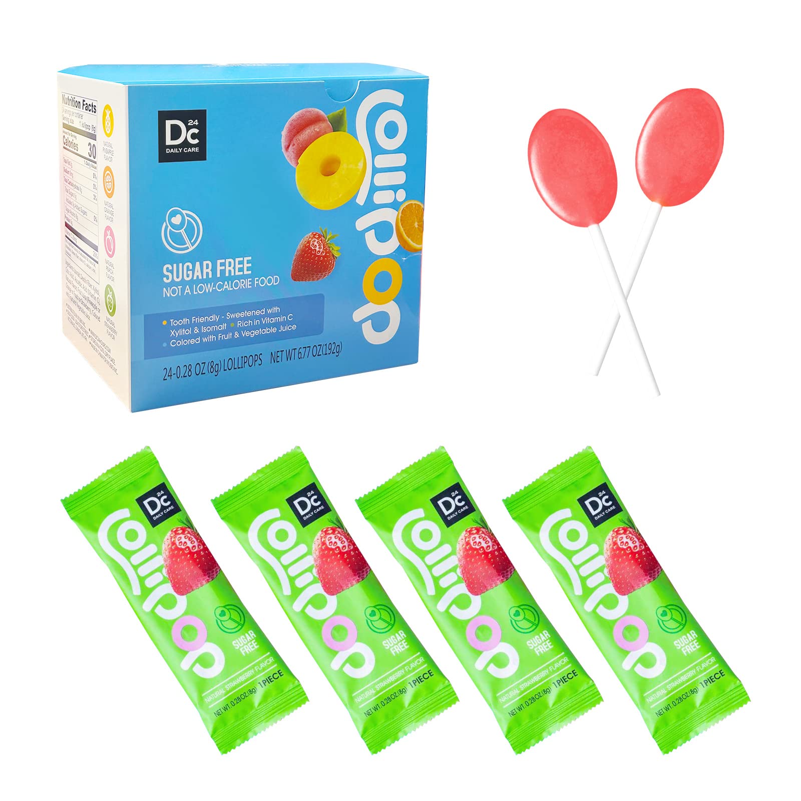 DC24 DAILY CARE Sugar Free Lollipops with Vitamin C, Healthy Suckers with Xylitol, Fruit Flavored Hard Candy for Kids, Non-GMO, 