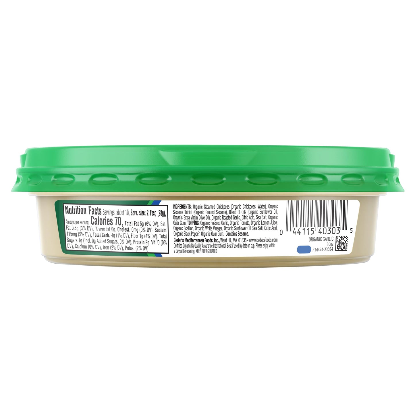 Cedars Topped Organic Garlic Hummus