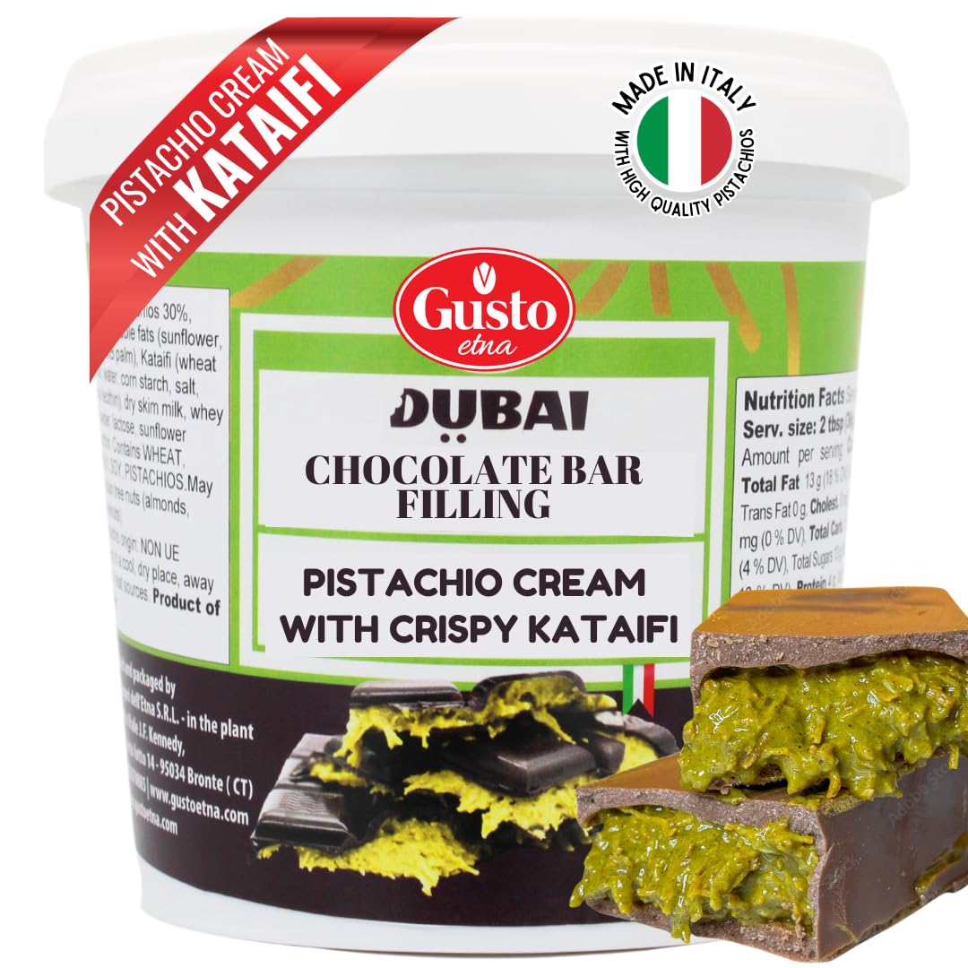 GUSTO ETNA Dubai Pistachio Chocolate Bar Filling- Pistachio Cream with Crispy Kataifi - enhanced Crunchy Spread for Gourmet Dessert Spread  35 oz (1kg)  Product of Italy