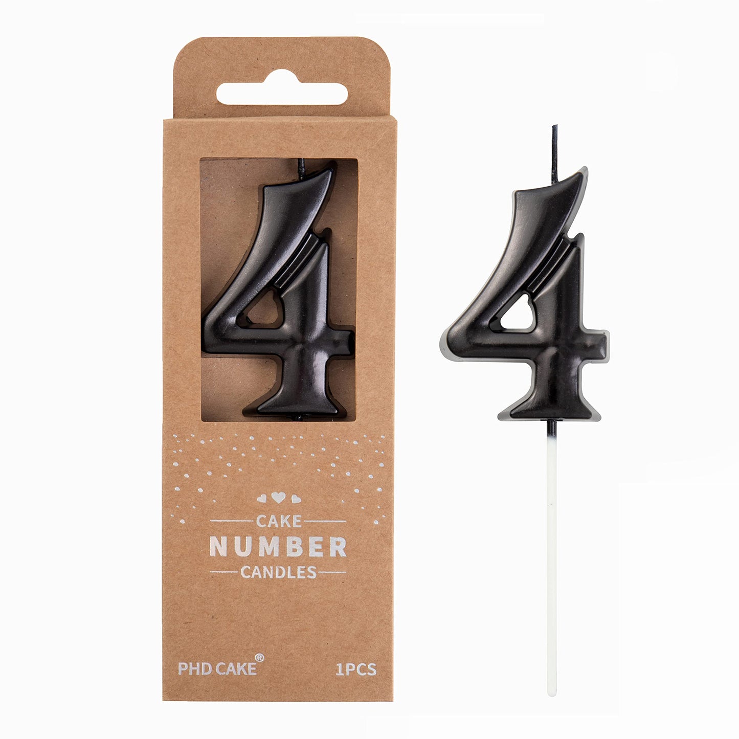 PHD CAKE Birthday Candles - Elegant Black Number 4, Wax Material, 2.76 Inch Size, Perfect for Party Celebrations