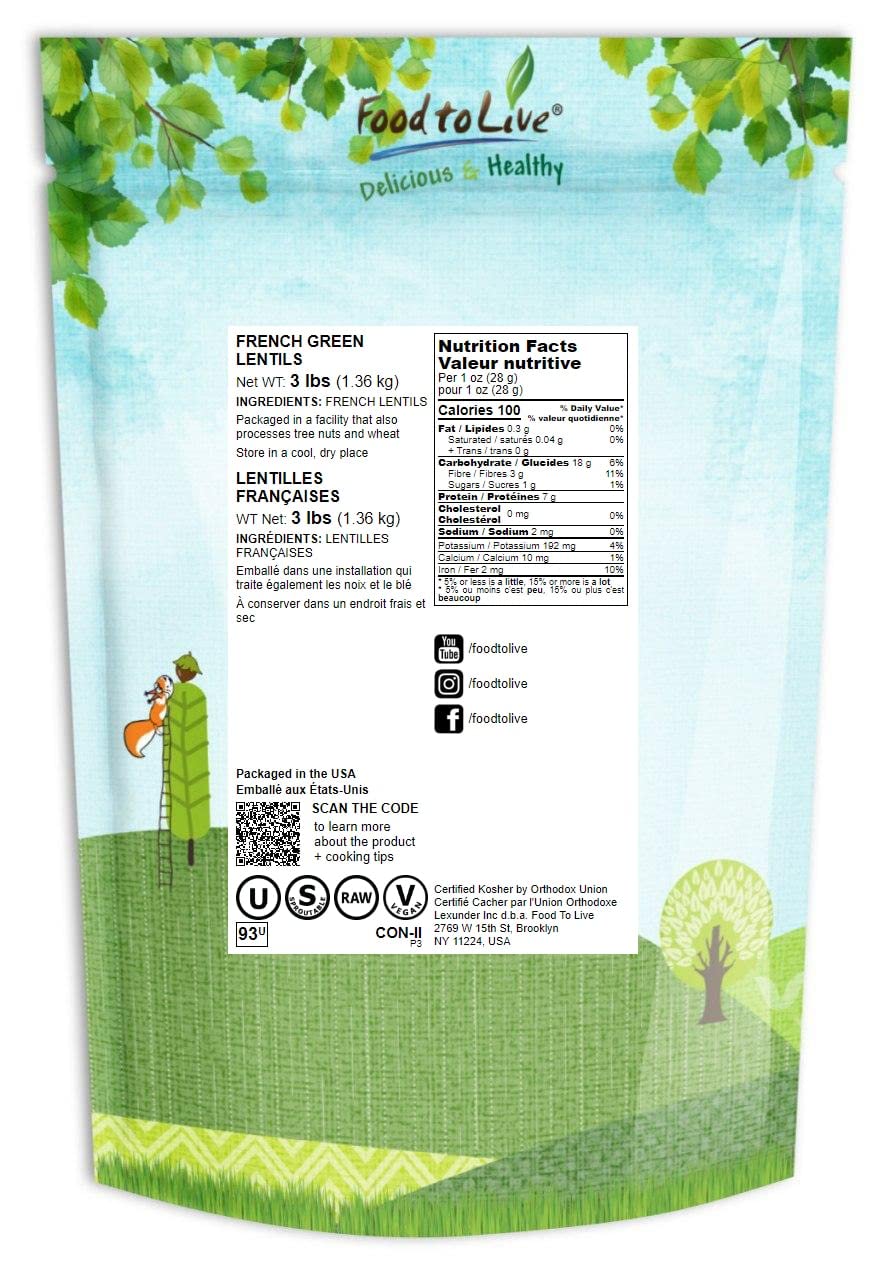 Food to Live French Green Lentils, 3 Pounds, Raw, Vegan, Kosher, Sproutable, Great for Soups and Curries
