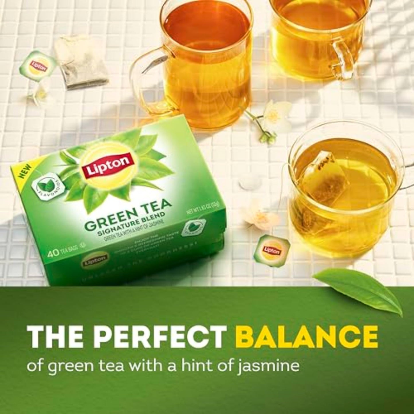 Lipton Green Tea Bags, Unsweetened, 40 Count, Caffeinated Teabags for Hot or Iced Tea, Model 800321