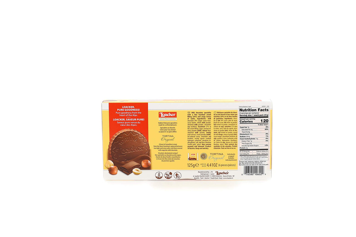 Loacker Tortina Premium Chocolate Coated Wafer, Original 125G/4.41 Oz.