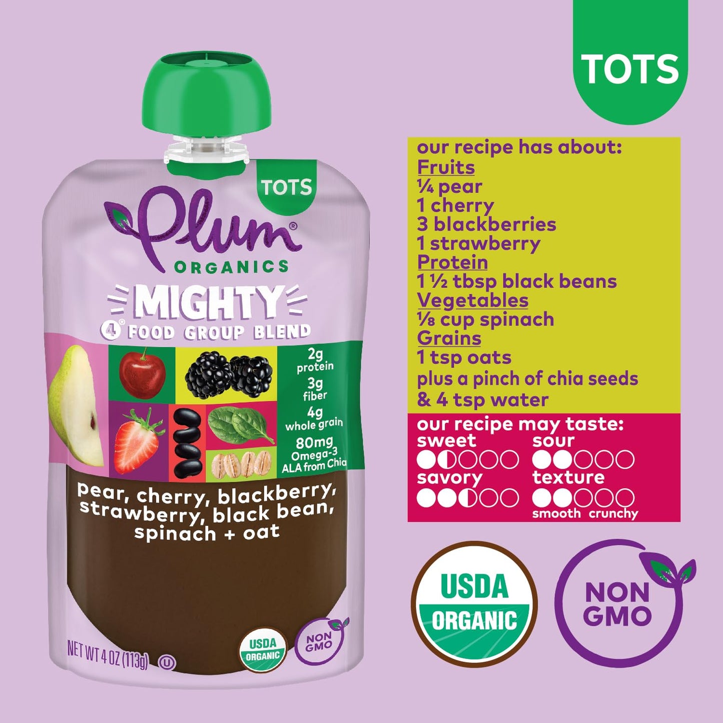 Plum Organics Mighty 4 Organic Toddler Food - Pear, Cherry, Blackberry, Strawberry, Black Bean, Spinach, And Oat - 4 Oz Pouch (P