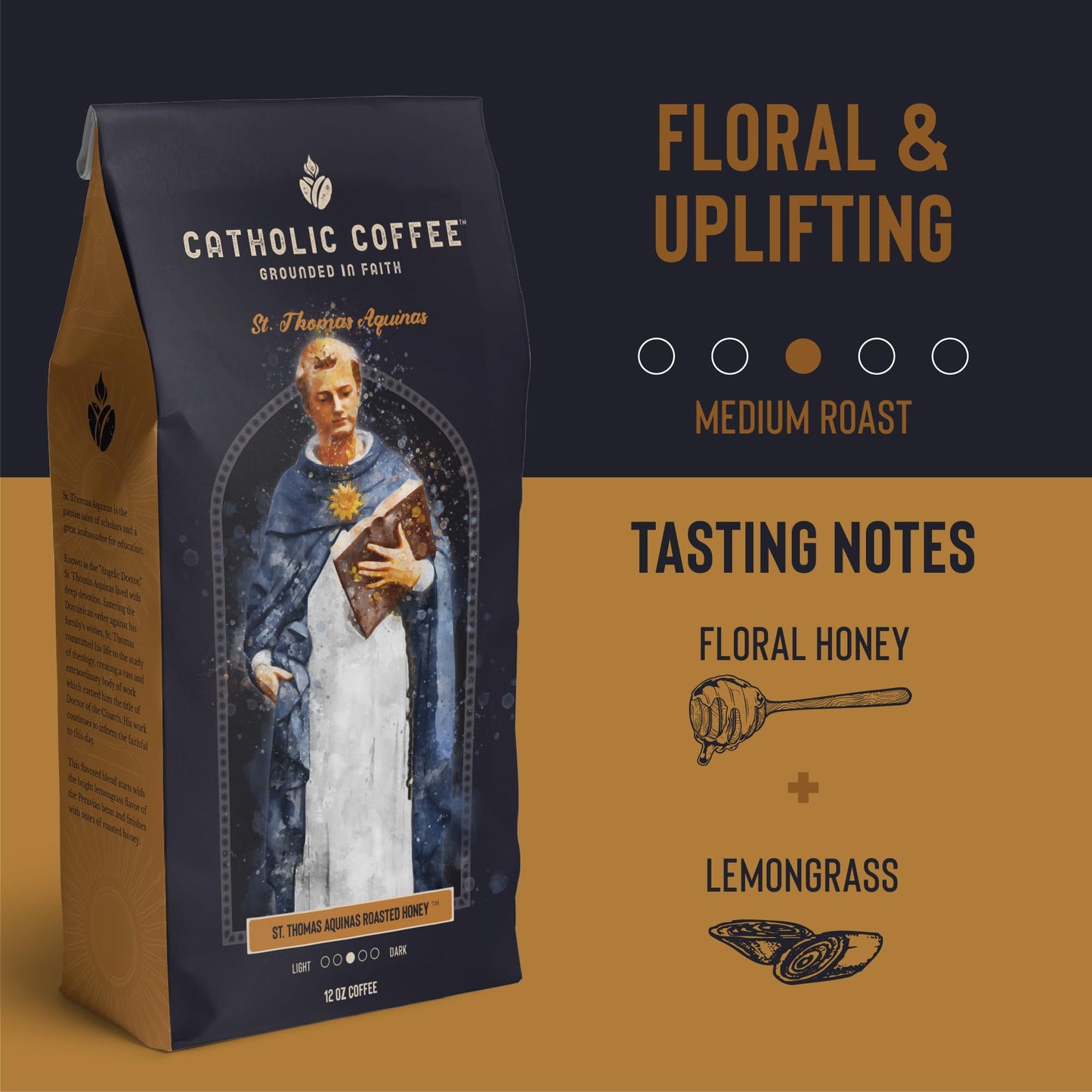 St. Thomas Aquinas Honey Blend Medium Roast Catholic Coffee (Ground) 12 Ounces - Small-Batch Crafted, Gift For Catholic Faithful