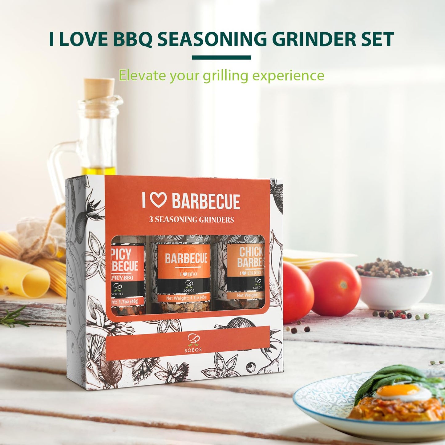 Soeos Spice Seasoning Set Of 3, 5.2Oz(146G), With Integrated Grinders, Salt And Pepper Grinder Set, Pure And Fresh Perfect For Bbq Seasoning Gift Set, Grilling Spice, Herb, Spice & Seasoning Gifts