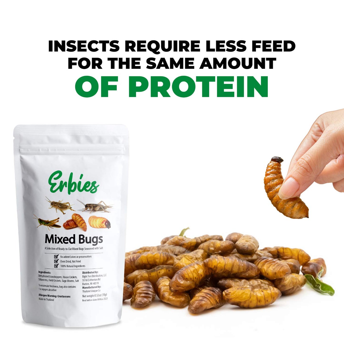 Erbies Edible Bug Mixed Trail Mix, 15g Bag, Seasoned and Crunchy Insects, Crickets, Grasshoppers, Silkworm Pupae, and Sago Worms