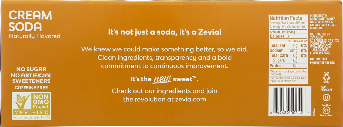 Zevia Zero Calorie Soda, Cream, 12 Fluid Ounce