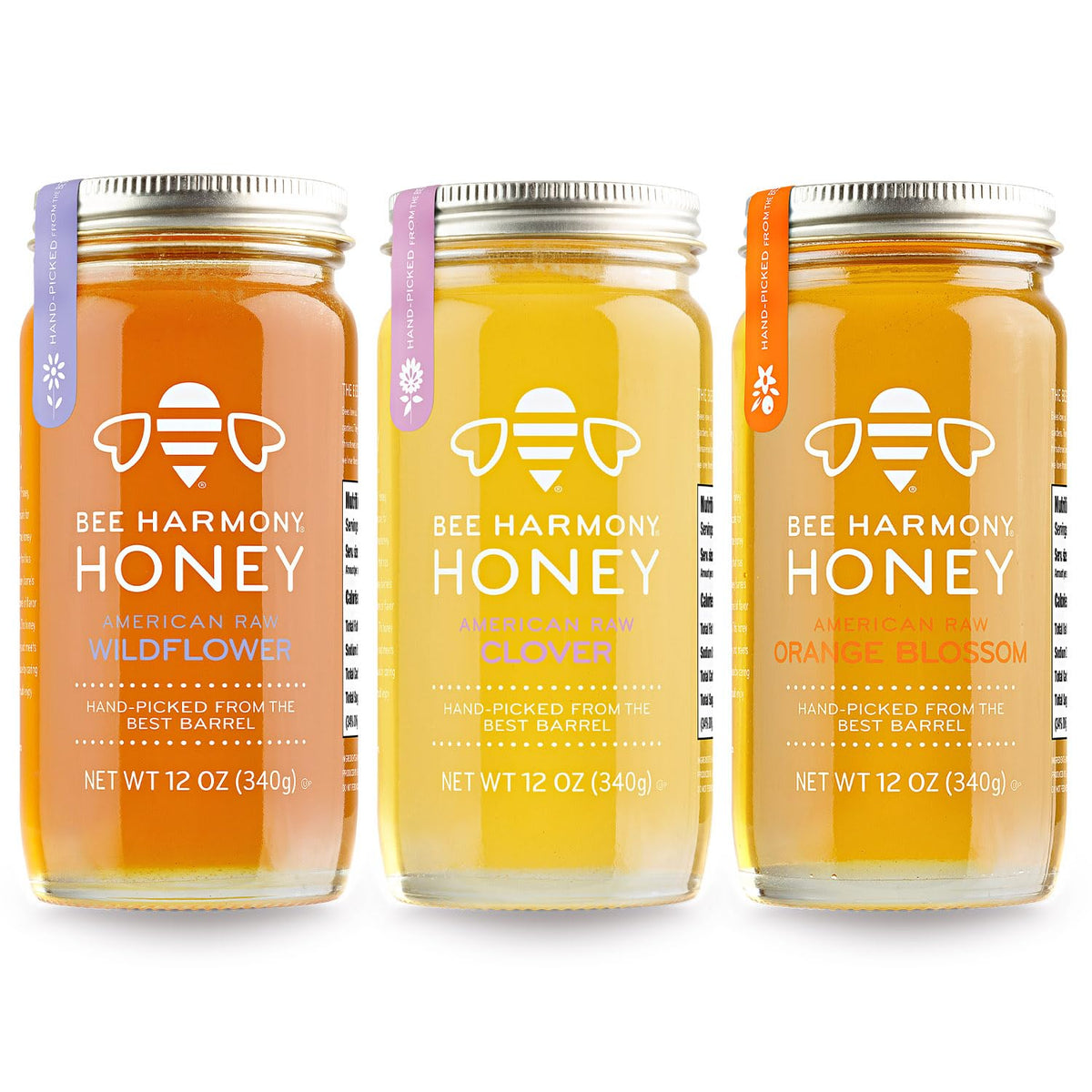 Bee Harmony Honey 3 Pack Variety Pack, 36 Ounce (Clover, Wildflower And Orange Blossom)