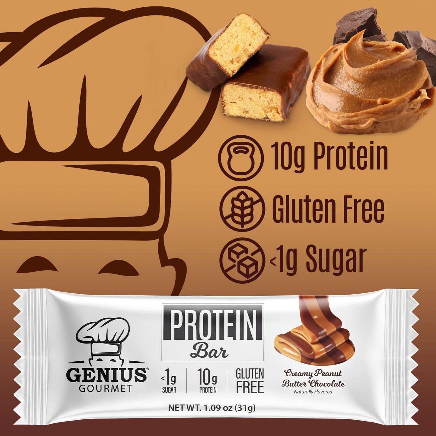Genius Gourmet Protein Bar, Chocolate Peanut Butter, Keto Snack, Low Carb, Low Sugar & Gluten Free, Protein Snacks For Mature-Themeds, 10G Of Whey Protein Per Protein Bar, 5 Net Carbs, 10 Count