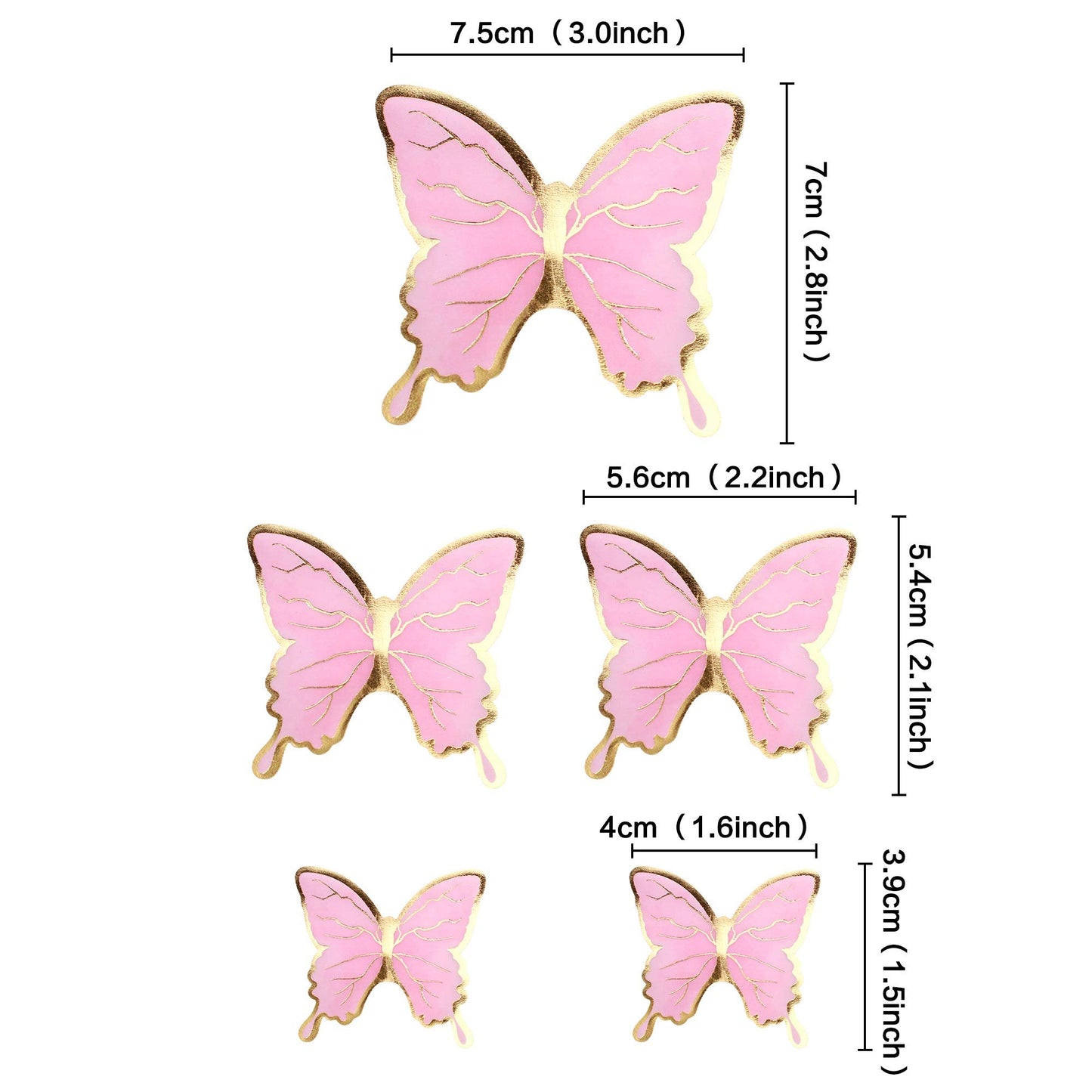 Cyodoos 30Pcs Pink Gold Edge Mixed Size Lively 3D Waterproof Swllowtail Butterfly Cupcake Topper For Girls Women'S Happy Birthda