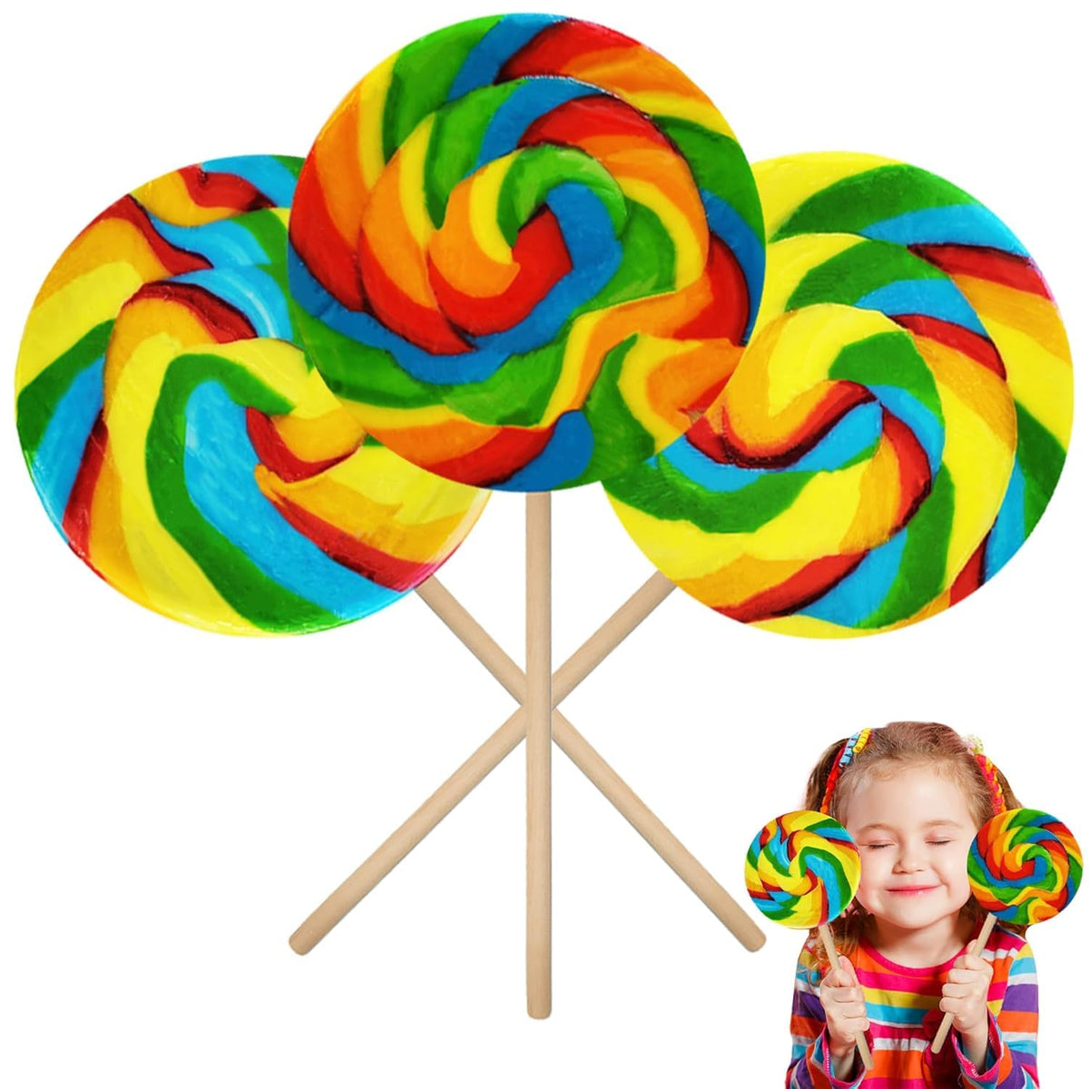 Jumbo Rainbow Swirl Lollipop, Mixed Fruit Flavor, Individually Wrapped, 4'' Inch Sucker (24-Pack)