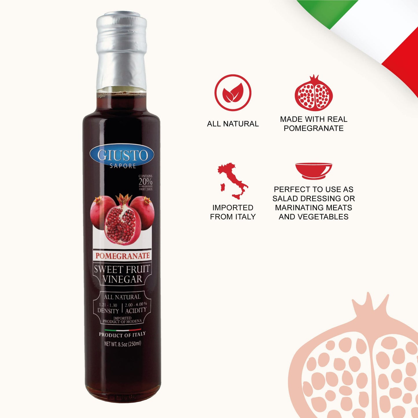 Giusto Sapore Pomegranate Sweet Fruit Vinegar - 8.5 Fl Oz - Gluten Free - Imported from Italy