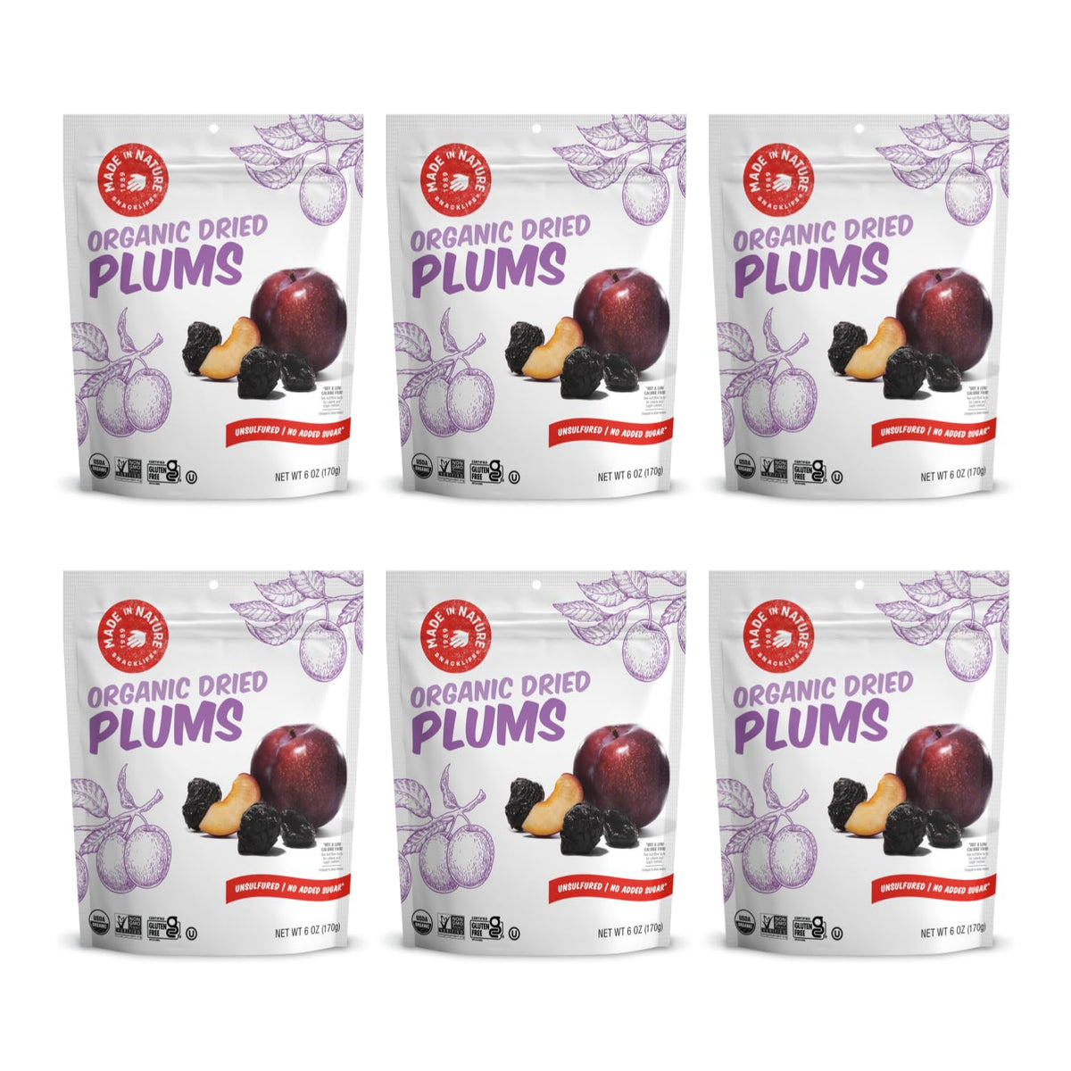 Made In Nature Organic Dried Plums, 6 Ounce (Pack of 6) - Vegan Snack, Non-GMO, Unsulfured, Gluten Free, Kosher