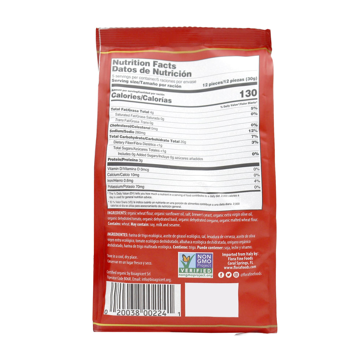 Flora Organic Bruschette Mini Toasts - Tomato & Basil - Italian Snack - USDA Organic - No Trans Fat - Oven Baked - 5.3 oz (150g)