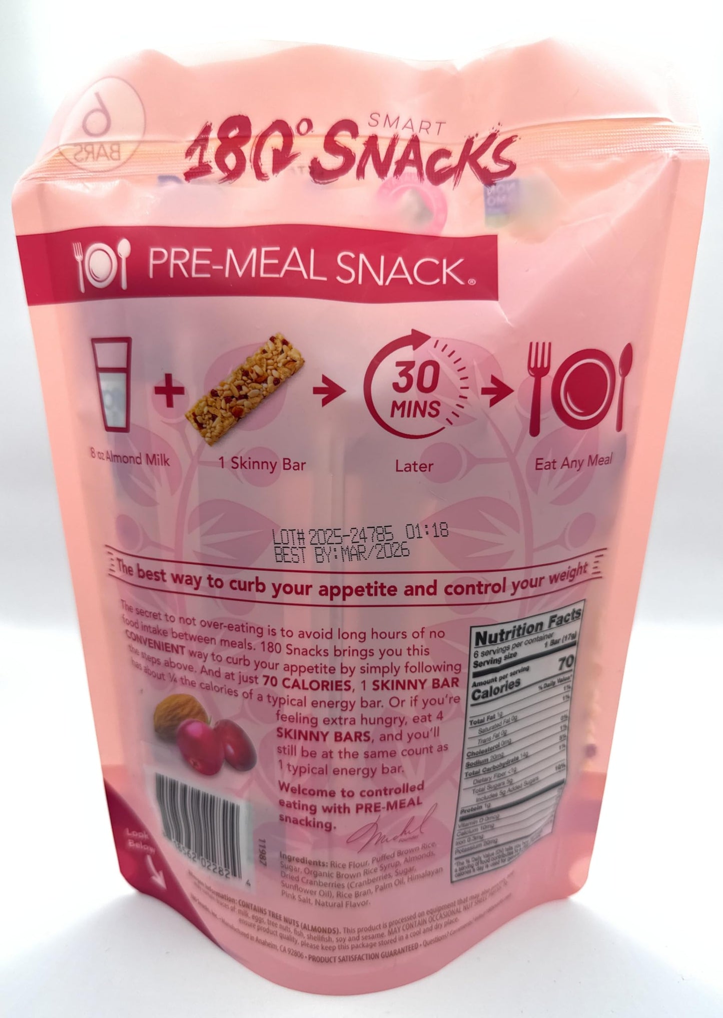 180 Snacks, Skinny Rice, Almonds & Cranberries, 6 Bars