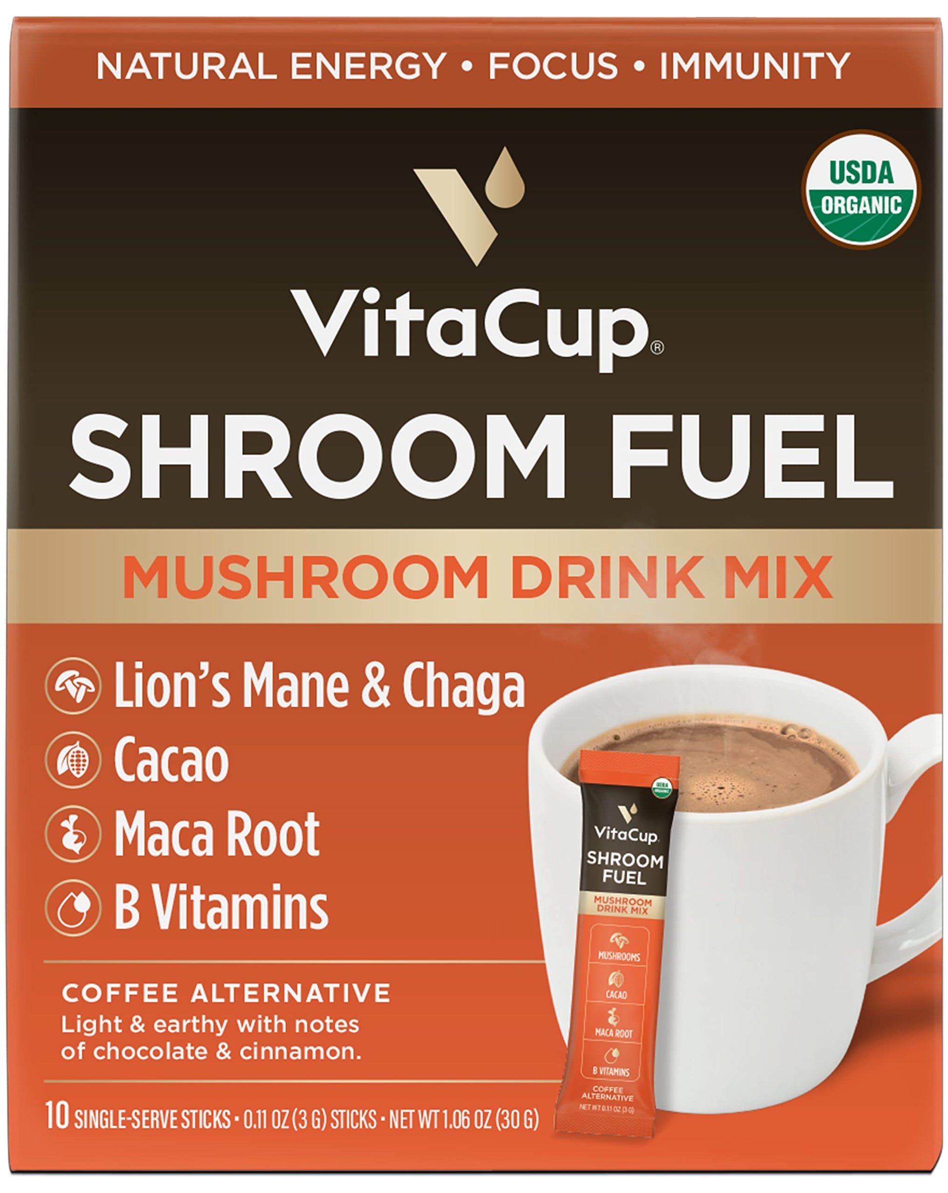 VitaCup Mushroom Coffee Alternative Packets with Cacao & Cinnamon, 10 Count