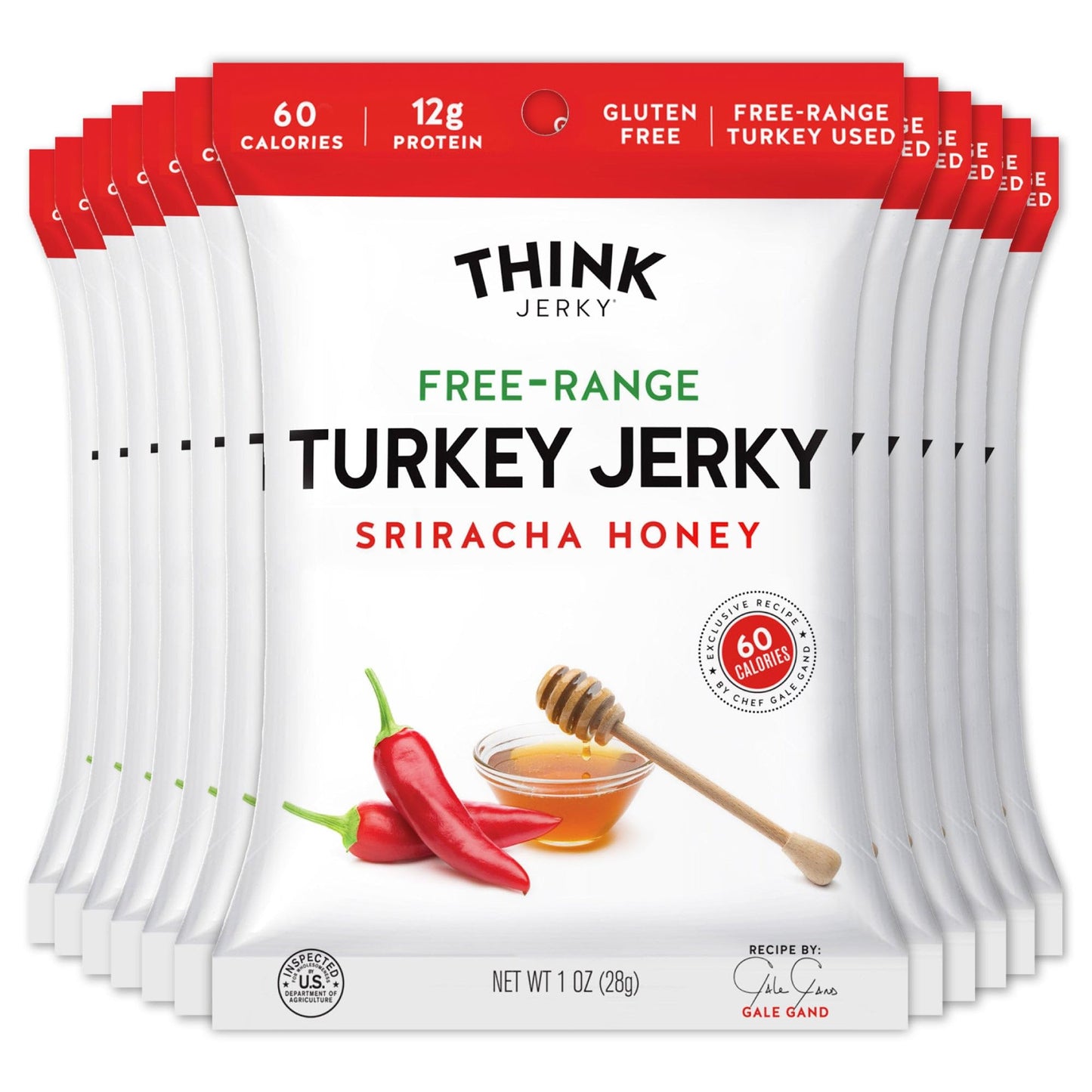 Think Jerky Sriracha Honey Turkey Jerky, High Protein, Gluten Free, Low Calorie, 1 oz Bags, 12 Pack