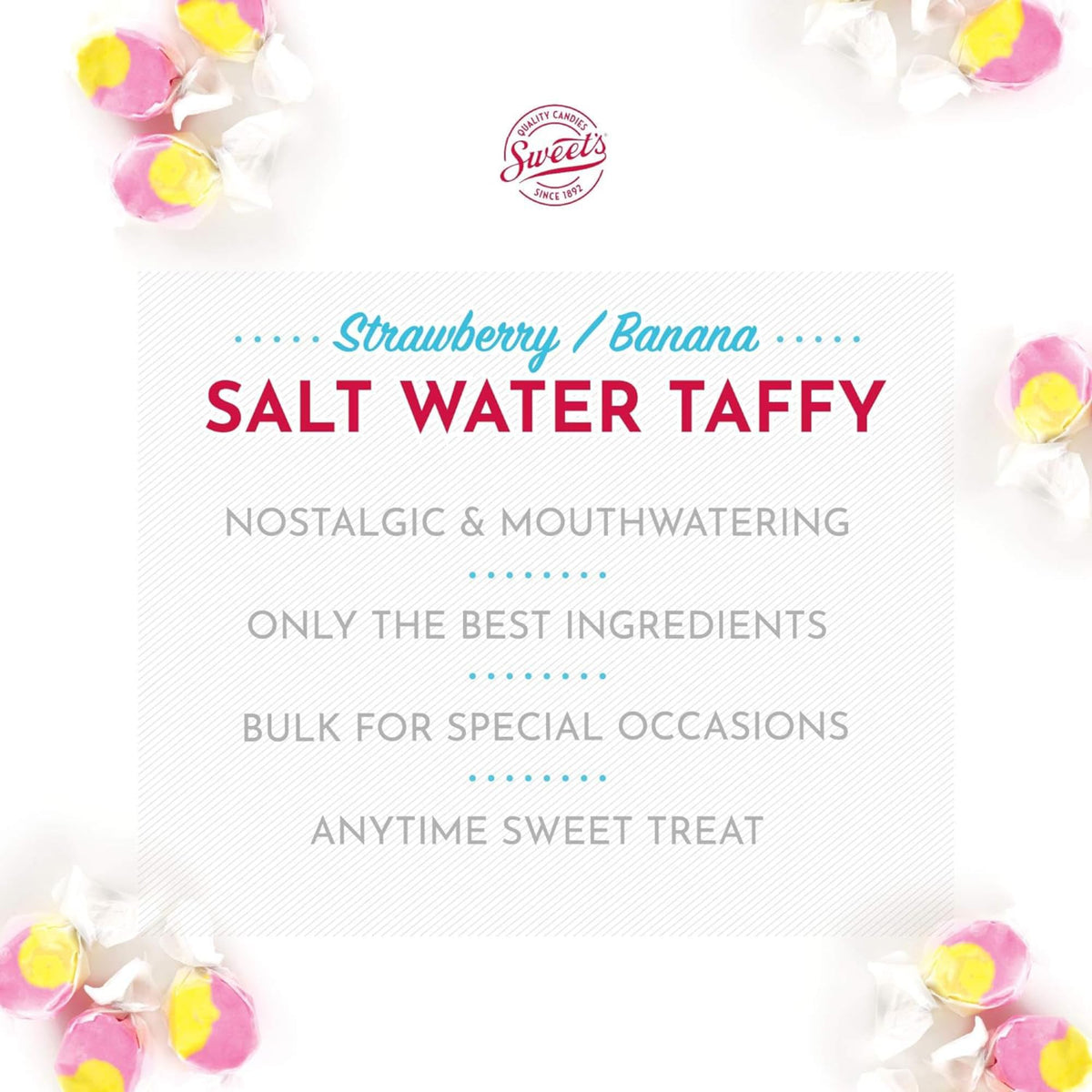 Sweet Candy Company Salt Water Taffy Individually Wrapped- Salt Water Taffy Candy Bulk, Old Fashioned Strawberry Banana, Soft an