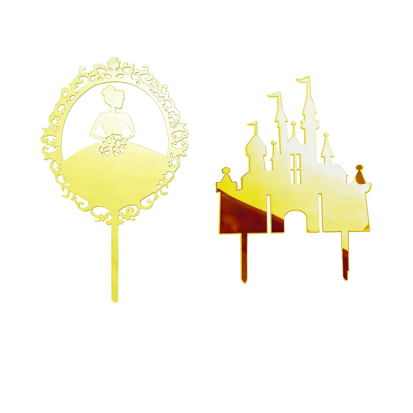 2Pcs QueenS Birthday Cake Topper QueenS Castle Acrylic Mirror Girl Cake Decoration Girl Birthday Wedding Anniversary Party Decoration Gift Gold Insert (Golden) (Acrylic)