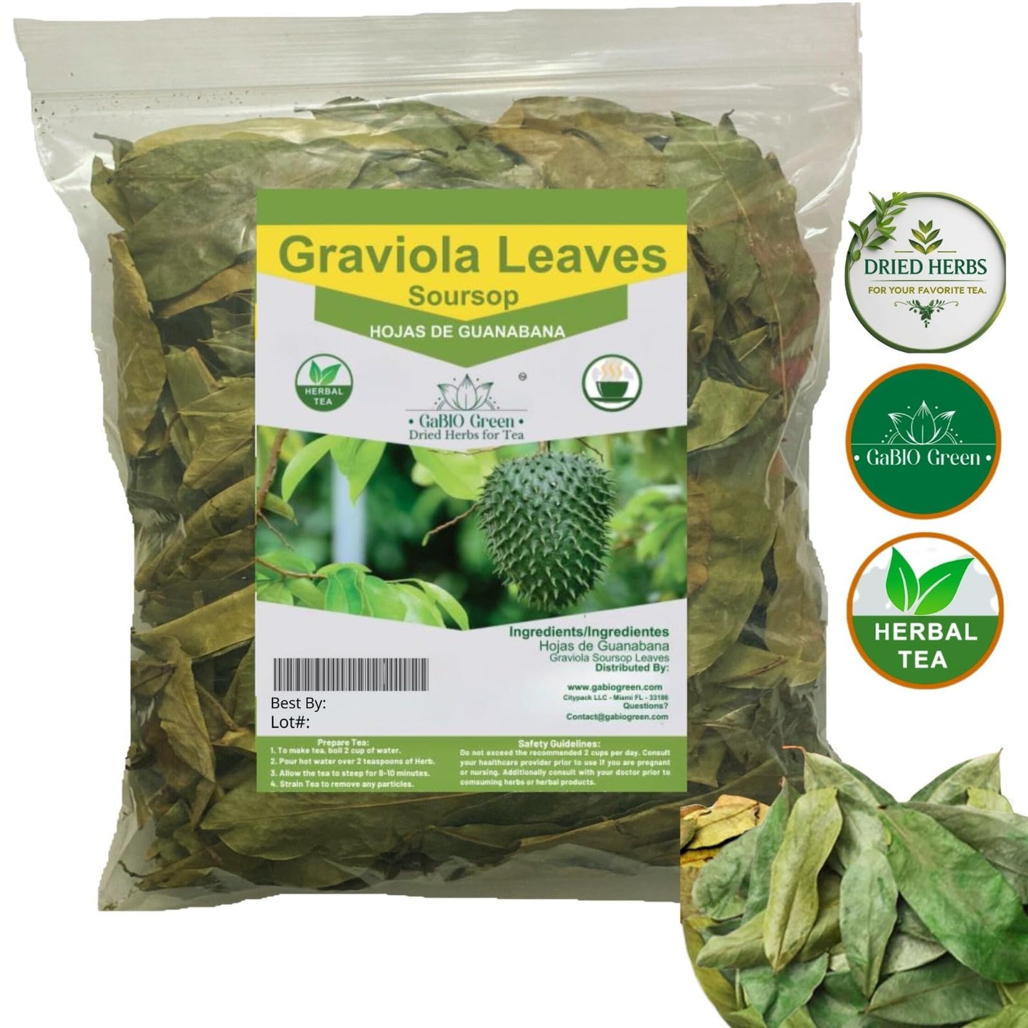 Gabio Green- Whole Soursop Leaves(3Oz/85Gr) 180 + Leaves Aprox, Big Bag, Hojas De Guanabana, Tea Soursop, Resealable Bag, Dried