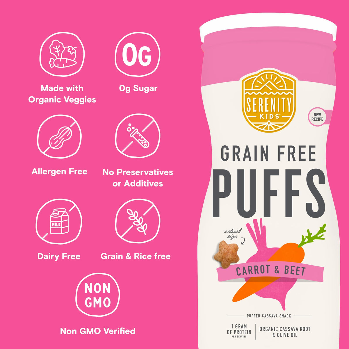 Serenity Kids 6+ Month Grain-Free Puffs Toddler & Baby Snack - No Added Sugar - Gluten & Rice Free - Bpa & Allergen Friendly W/O
