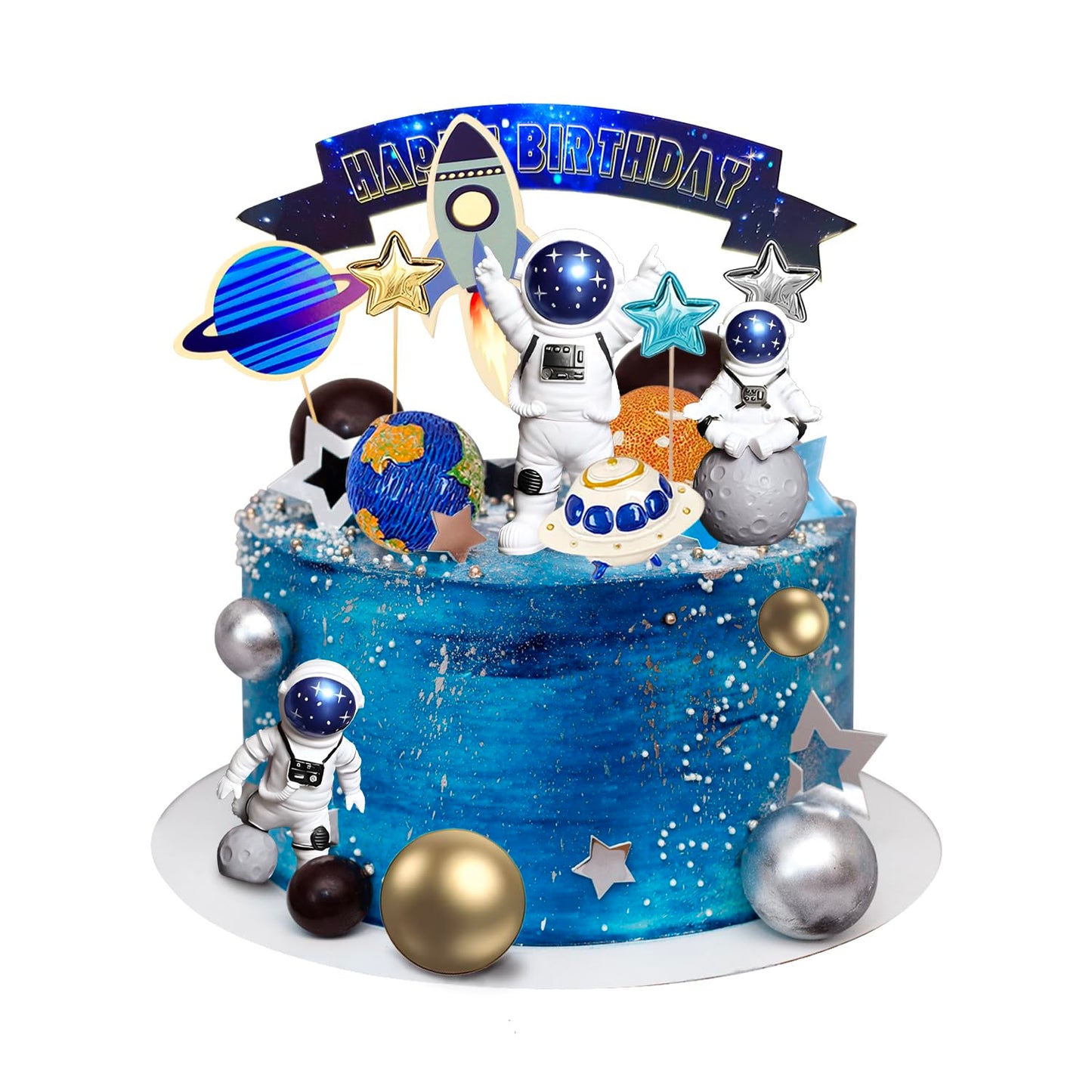 Ayearparty 32 Pcs Space Cake Toppers Outer Space Cake Decorations Astronaut Figurines Planet Rocket Stars And Satellite Pearl Ba