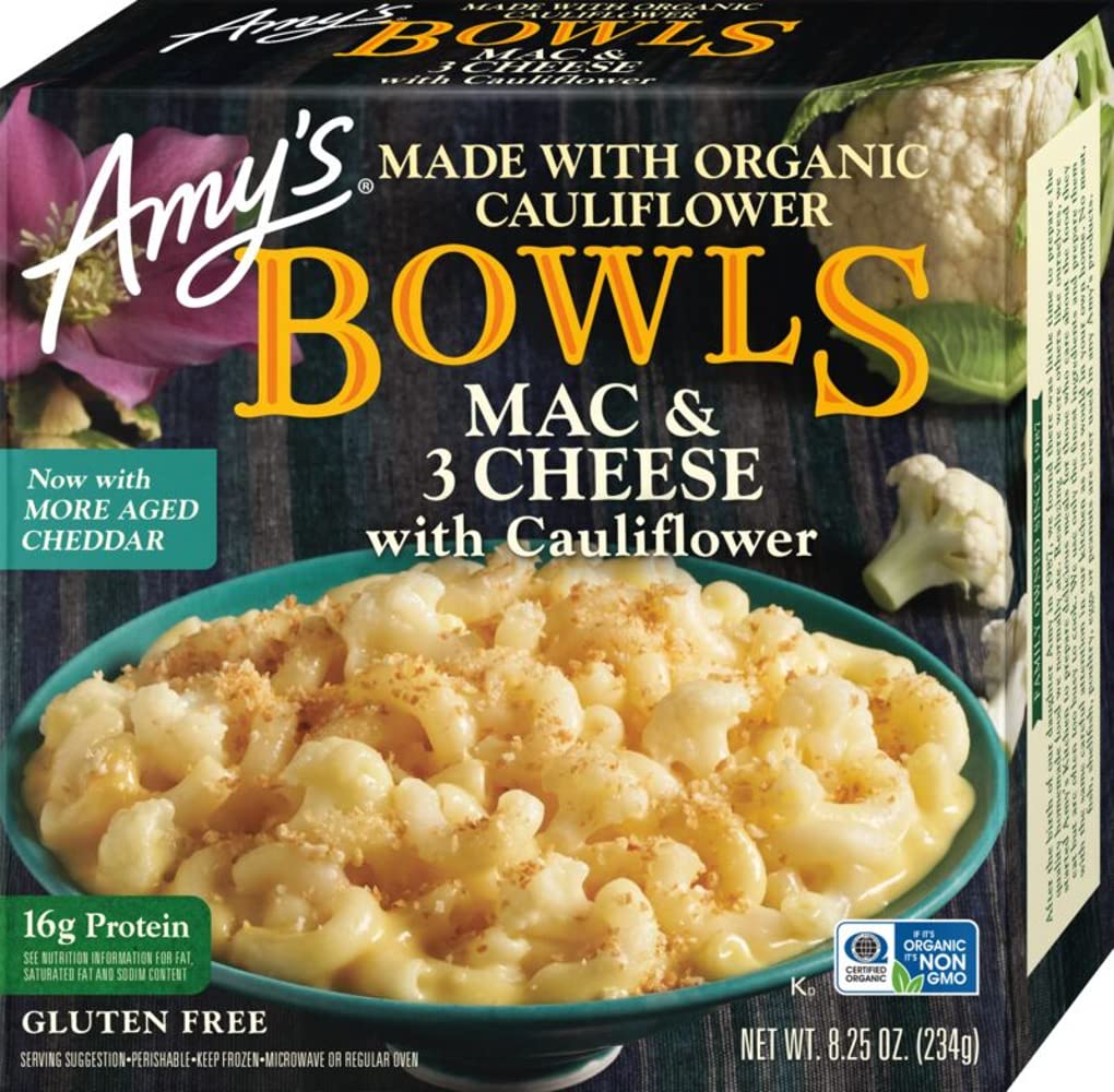 Amys Frozen Meals, Macaroni and 3 Cheese Pasta Bowl, Made With Organic Rice and Cauliflower, Gluten Free Microwave Meals, 8.25 
