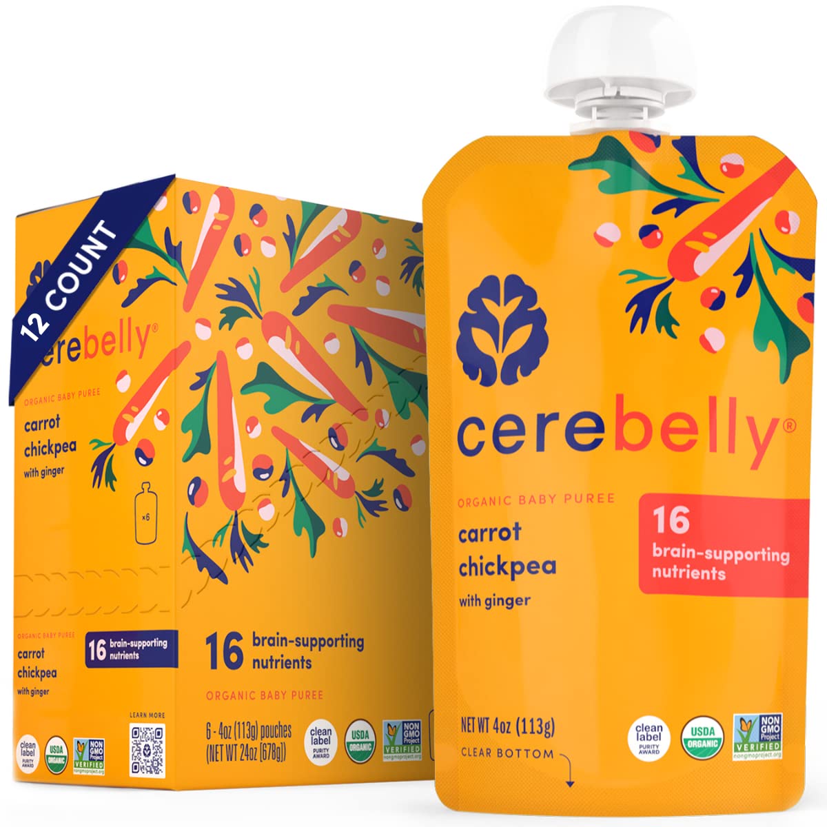 Cerebelly Organic Baby Food Pouches, Carrot Chickpea Purees, 16 Nutrients, No Added Sugar, Fiber & Non-Gmo, 4Oz, 12 Pack