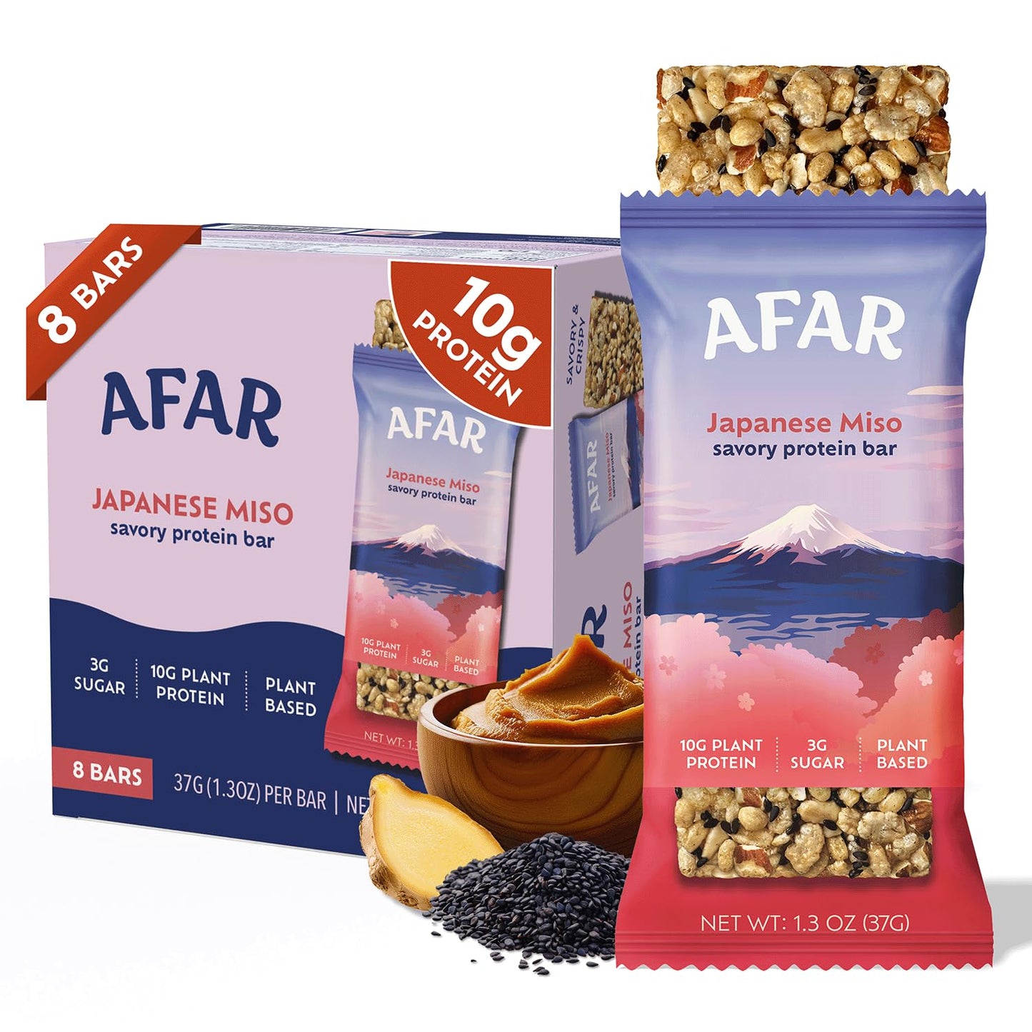 Afar Savory Protein Bars - Low Sugar, High Protein, Vegan, Gluten Free - Meal Replacement - 8 Bars