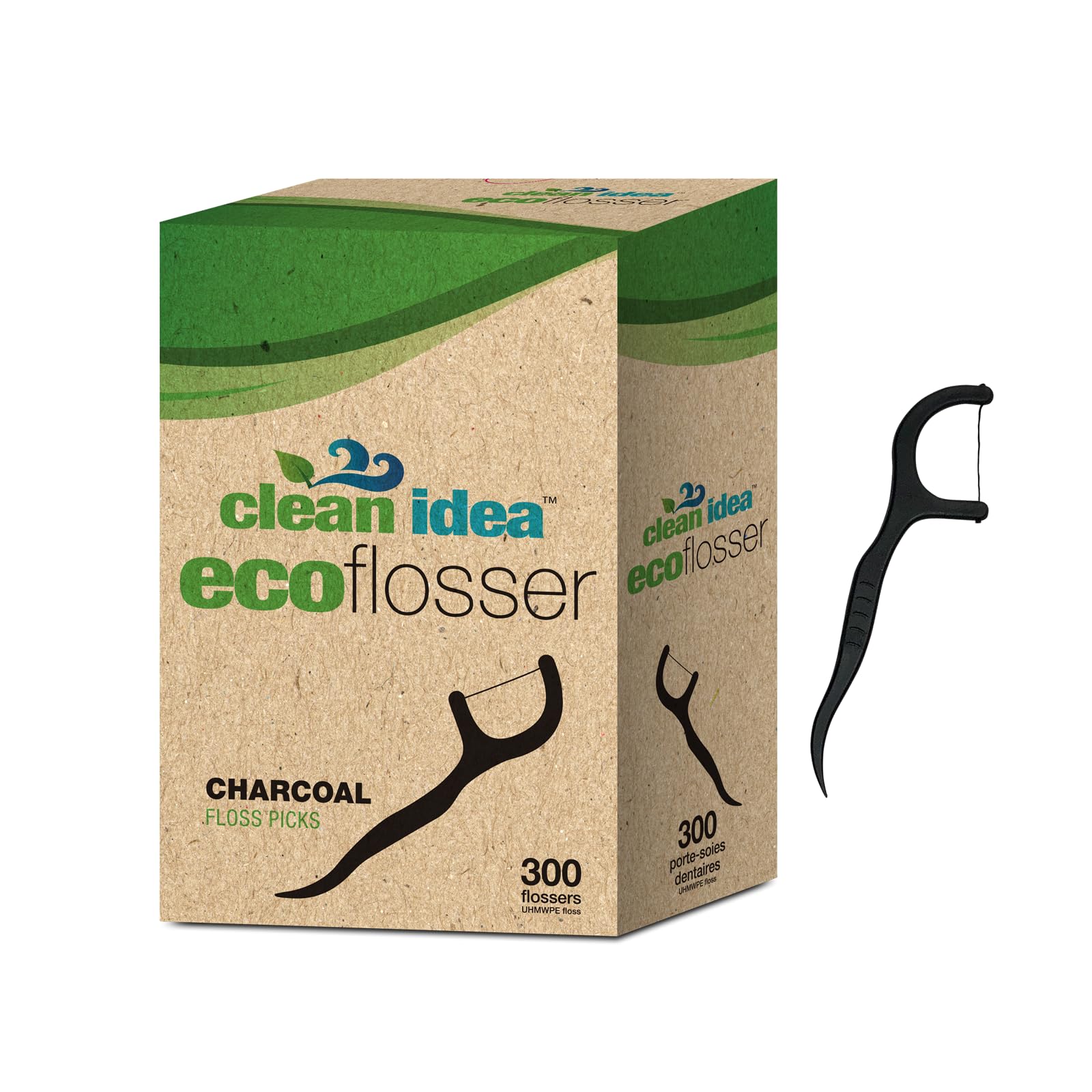 Clean Idea Ecoflosser 300 Picks - Charcoal Dental Floss Picks For Teeth Cleaning - Biodegradable Floss Picks - Dental Floss Pick