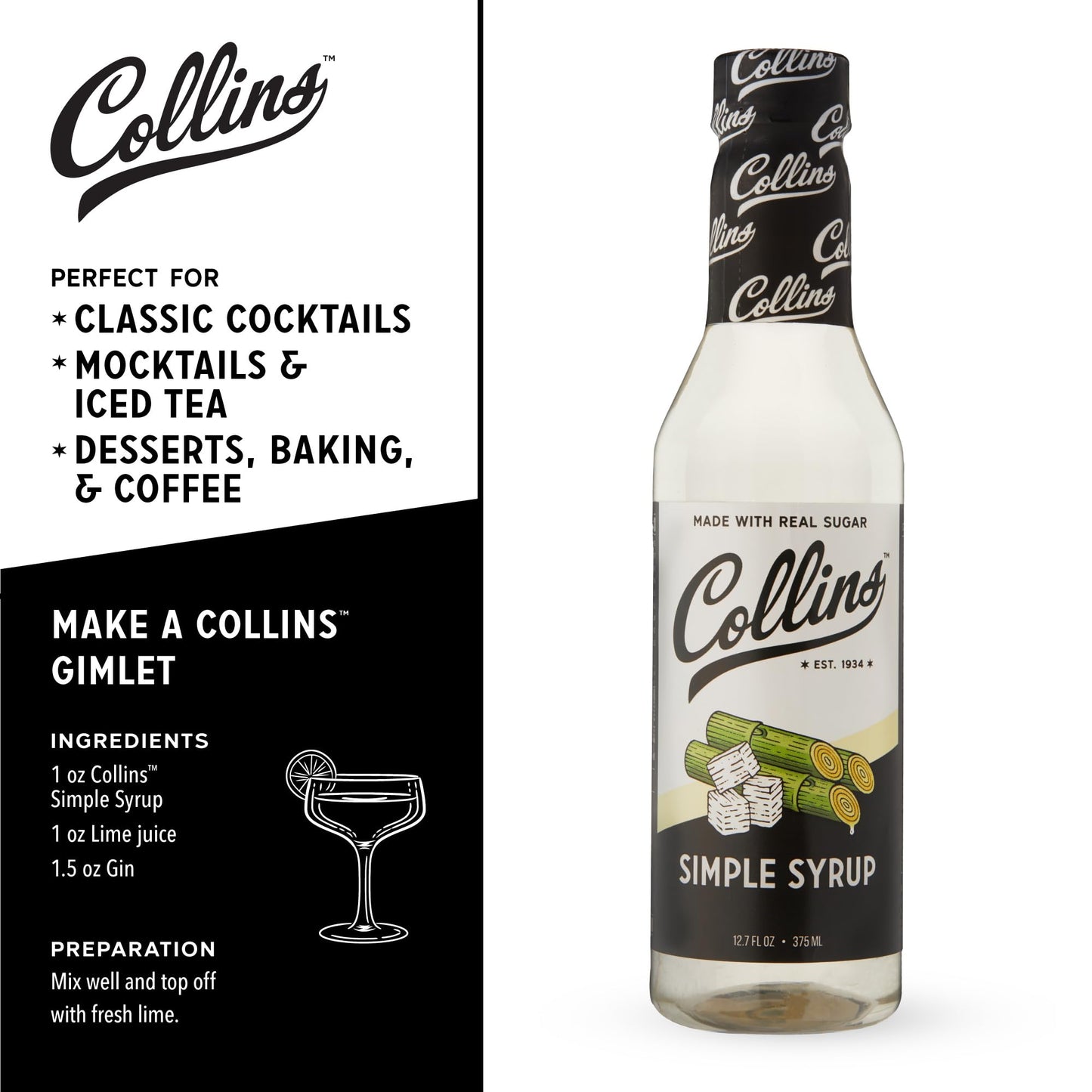 Collins Simple Syrup, Classic Cocktail Mixer, 12.7 Fl Oz, PET Bottle, Black