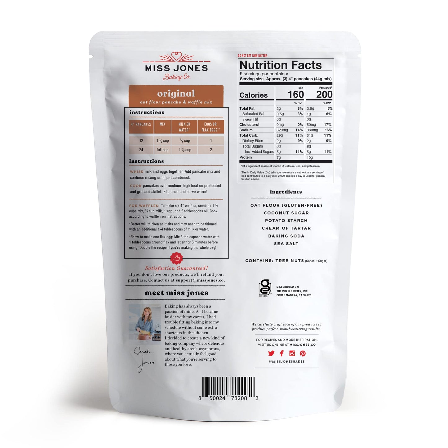 Miss Jones Baking Original Oat Pancake And Waffle Mix - Made With Oat Flour, Gluten Free, 10G Of Protein, 100% Whole Grains,13.99 Ounce (Pack Of 1)