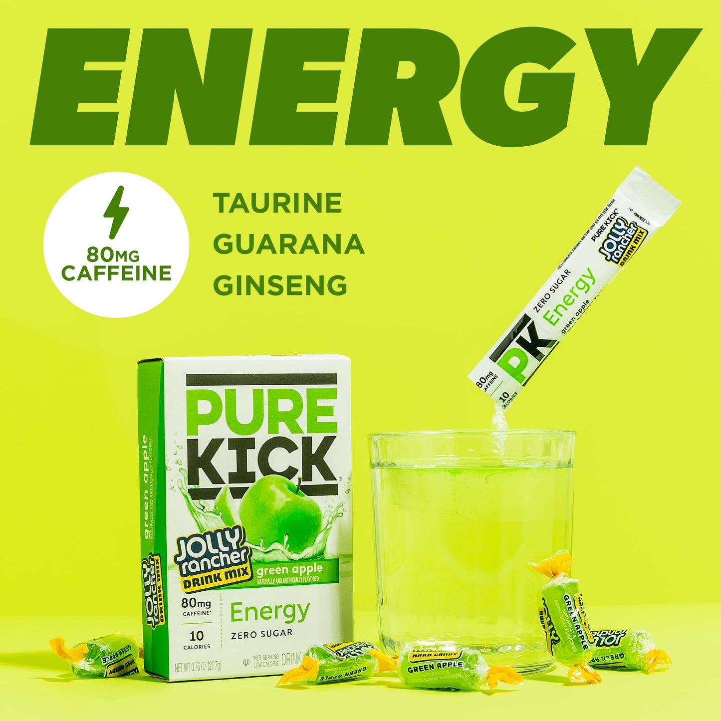 PURE KICK Energy Singles To Go Drink Mix, Jolly Rancher Green Apple, 72 Total Packets (12 Boxes of 6 Packets Each)