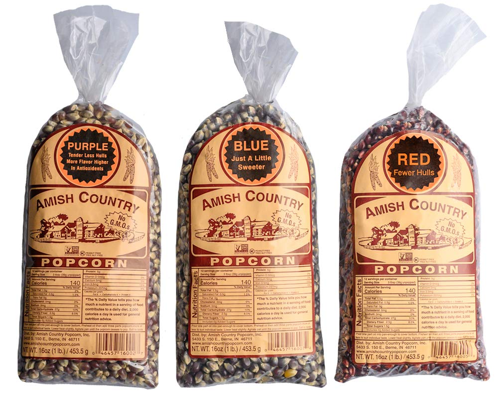 Amish Country Popcorn | 3-1 lb Bags | Purple, Red and Blue Popcorn Kernels | Old Fashioned, Non-GMO and Gluten Free (3-1 lb Bags