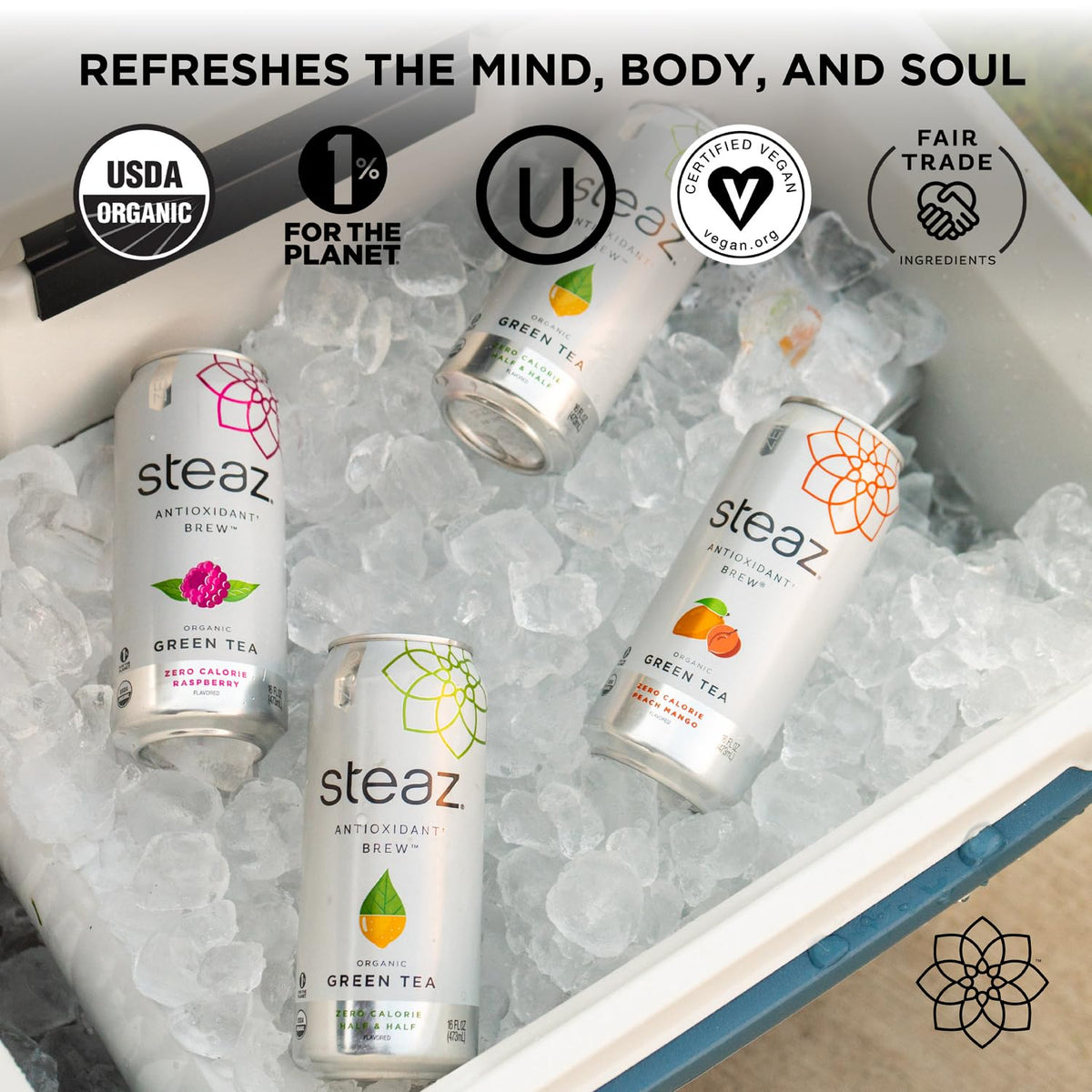 Steaz - Organic Green Tea - Zero Calorie Half & Half (12 Pack) - Antioxidant Brew - 65Mg Natural Caffeine, Vitamin C - Stevia Sweetened Iced Tea - Vegan, Fair Trade - 12 Cans, 16 Fl Oz (473Ml)