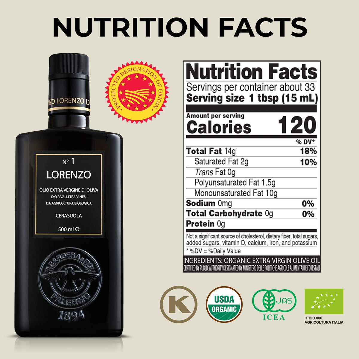 Barbera Lorenzo #1 Organic Extra Virgin Olive Oil Pdo Valli Trapanesi, Fruity, Cold Extracted Authentic Sicilian Olive Oil, Fres