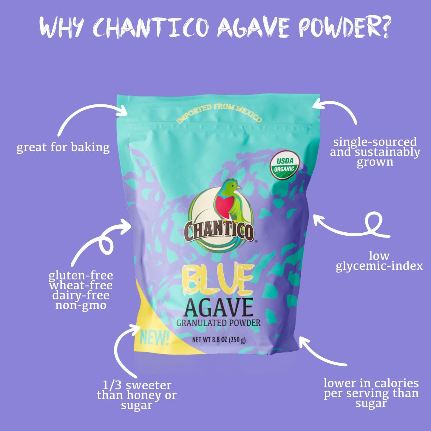 Chantico Agave Powder Sweetener, Low Glycemic, Keto-Friendly, 3 Pack of 250g Each
