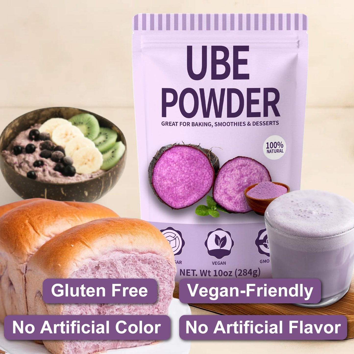 10oz Pure Natural Purple Ube Powder, Yam Powder for Baking, Purple Sweet Potato Food Coloring Powder, No Sugar, Vegan & Sourced