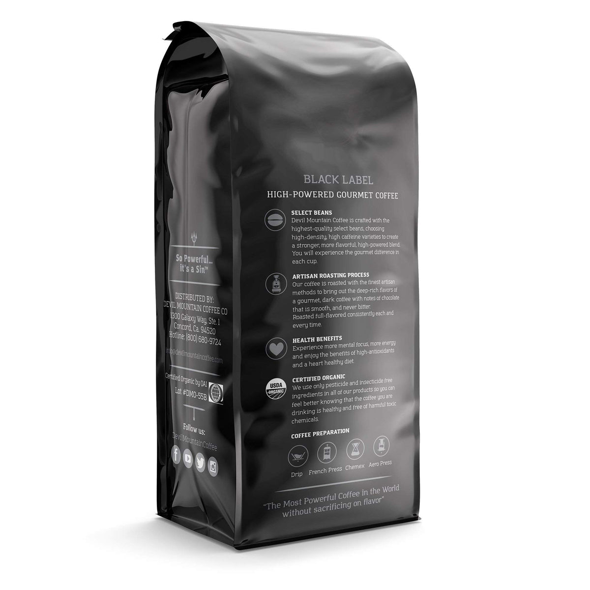 Devil Mountain Coffee Black Label Dark Roast Ground Coffee, USDA Organic, 16 oz Bag